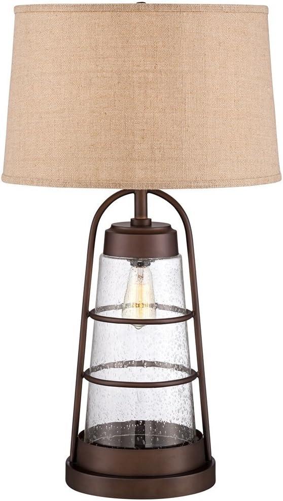 Franklin Iron Works Rustic Farmhouse Table Lamp 31" Tall with Nightlight Bronze Clear Seeded Glass Burlap Shade for Bedroom Living Room House Bedside