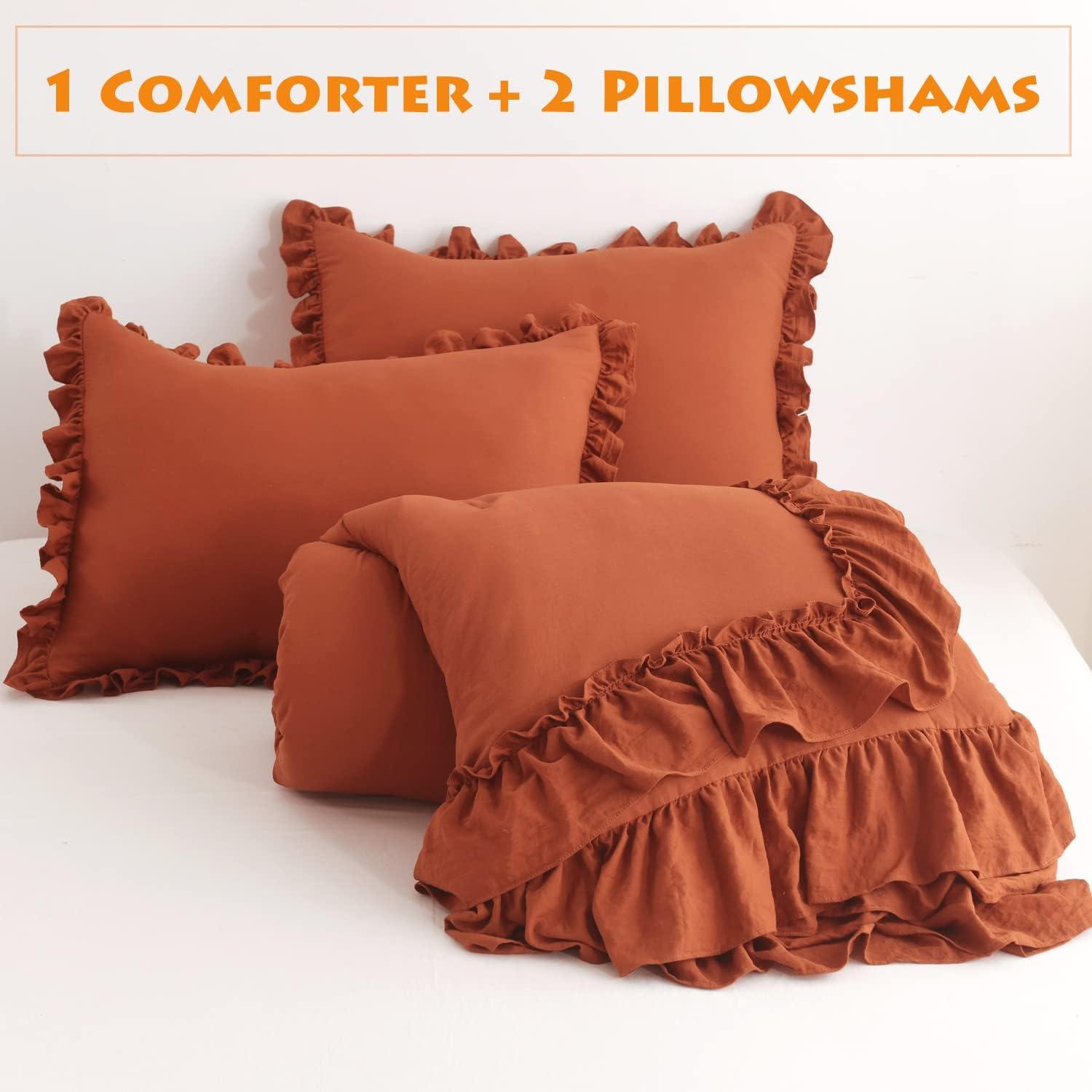 Burnt Orange Microfiber Queen Ruffle Comforter Set