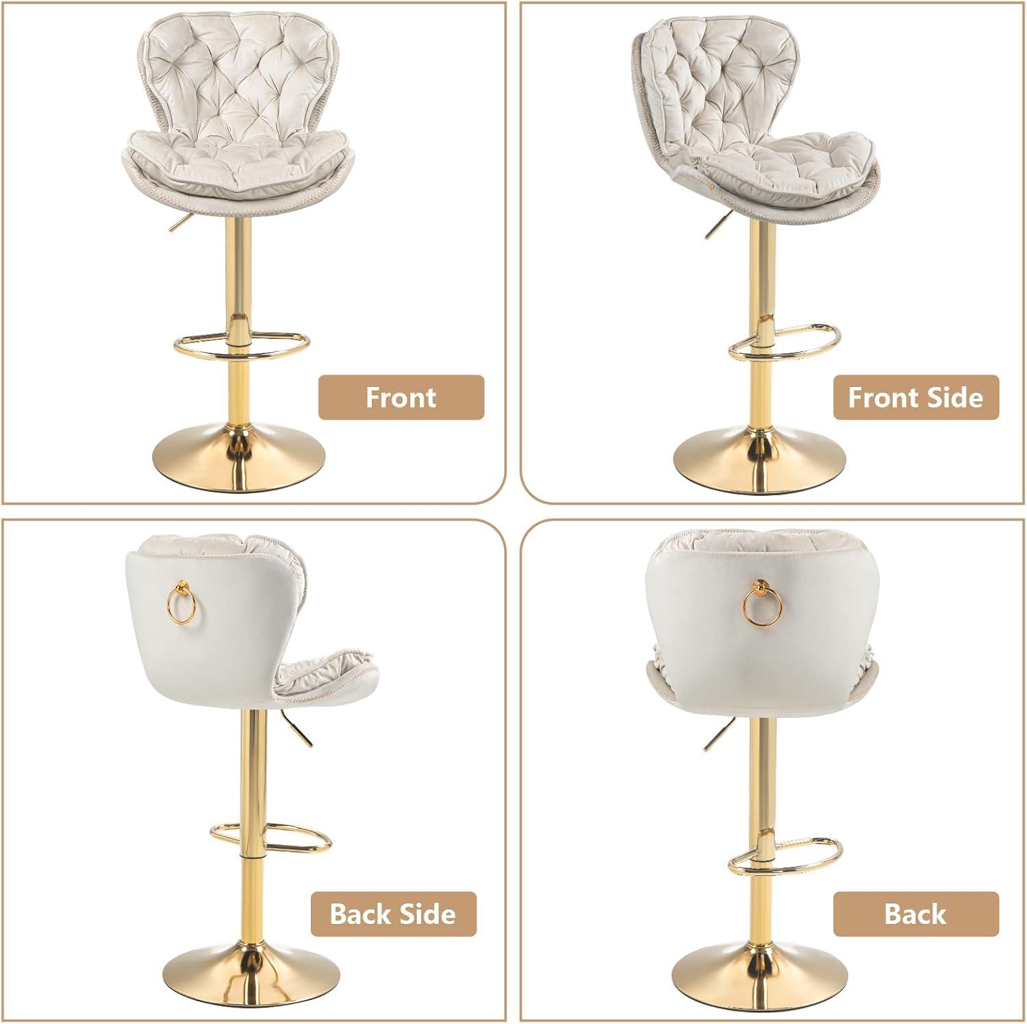 Beige Velvet Adjustable Swivel Bar Stools with Gold Base