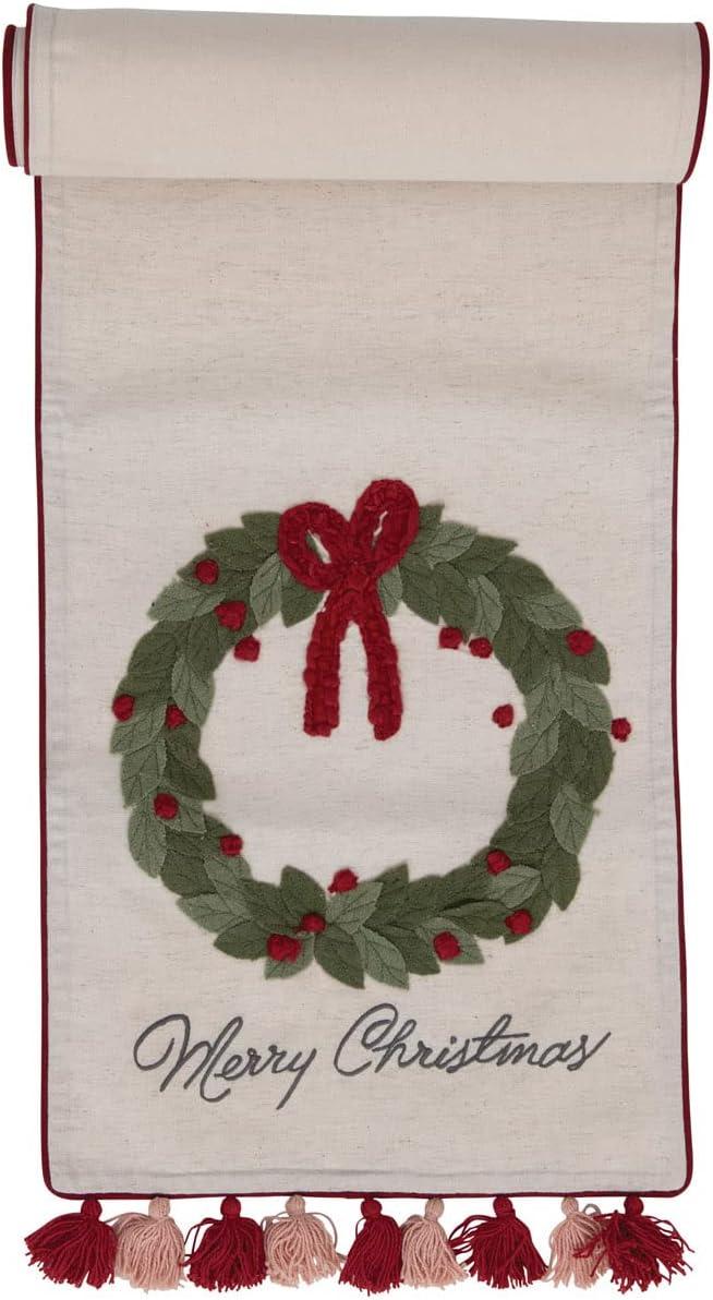 Festive Cotton Merry Christmas Table Runner with Embroidered Wreaths