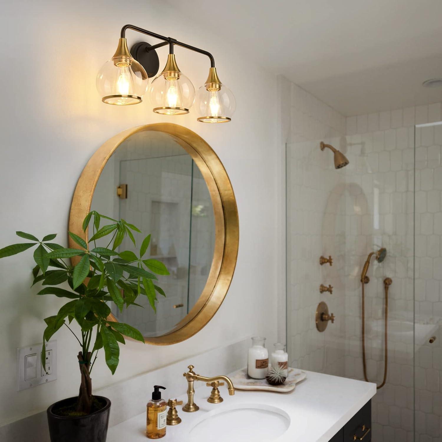 Black and Gold Bathroom Light Fixtures 2-Lights Vanity Lights with Clear Glass Shade Bathroom Vanity Light 14 Inch Wall Sconces(Exclude E26 Bulb)…
