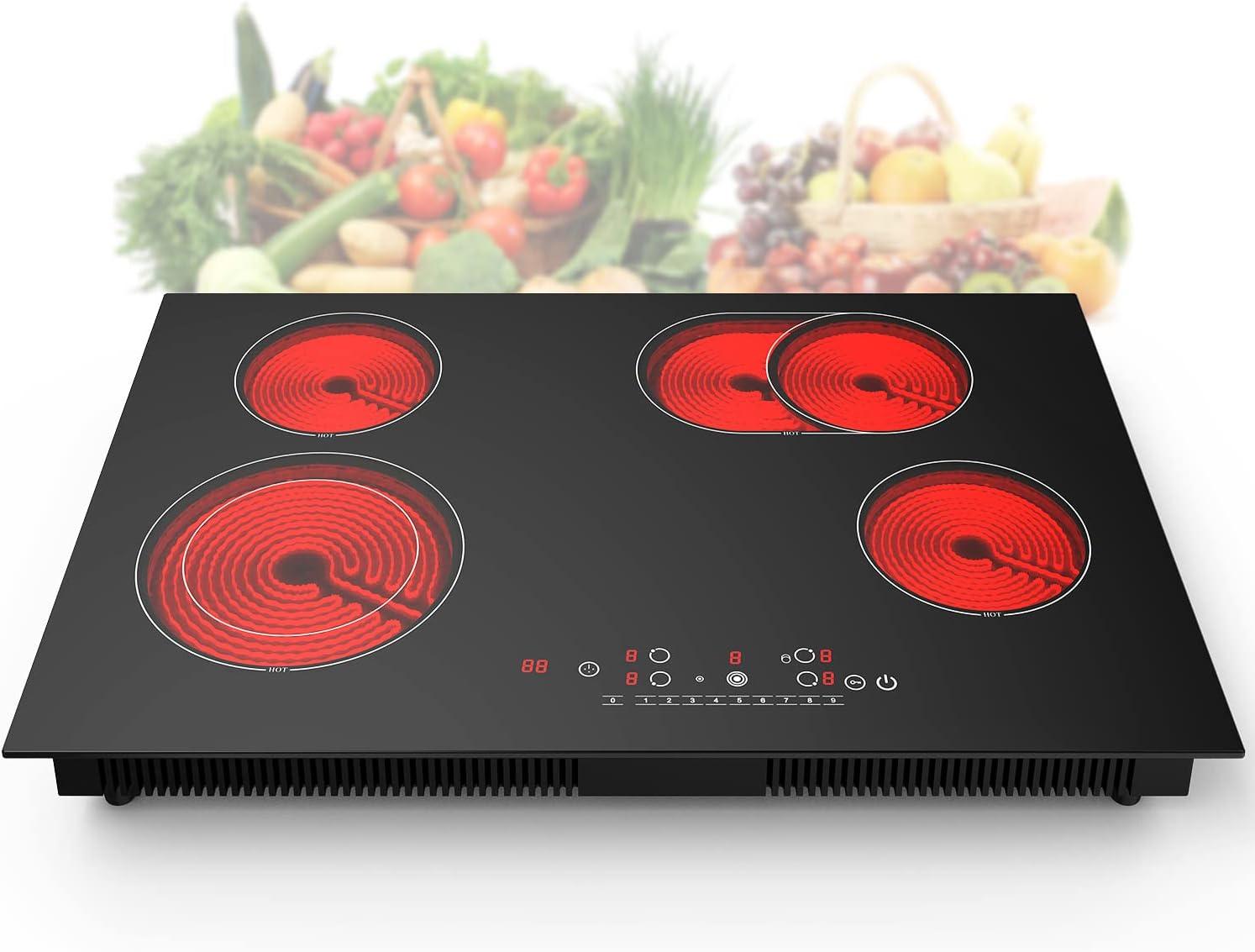 IsEasy 4 Burner Electric Cooktop 30 Inch Built-In Ceramic Cooktop Top, Electric Radiant Cooktop with Pause Function, Electric Stove Top, 220-240V 7200W, 9 Power Levels, Flexible Heating Zones