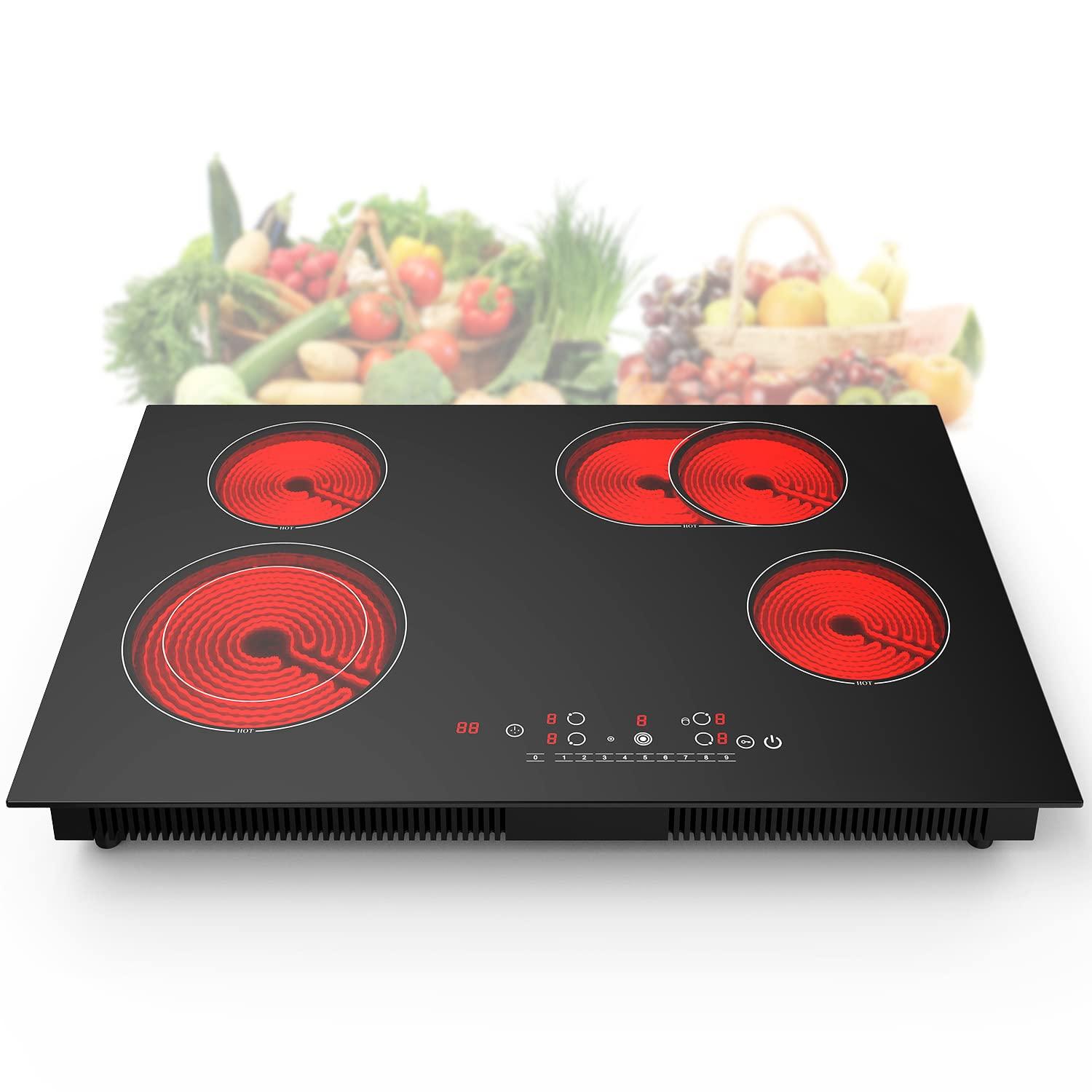 IsEasy 4 Burner Electric Cooktop 30 Inch Built-In Ceramic Cooktop Top, Electric Radiant Cooktop with Pause Function, Electric Stove Top, 220-240V 7200W, 9 Power Levels, Flexible Heating Zones