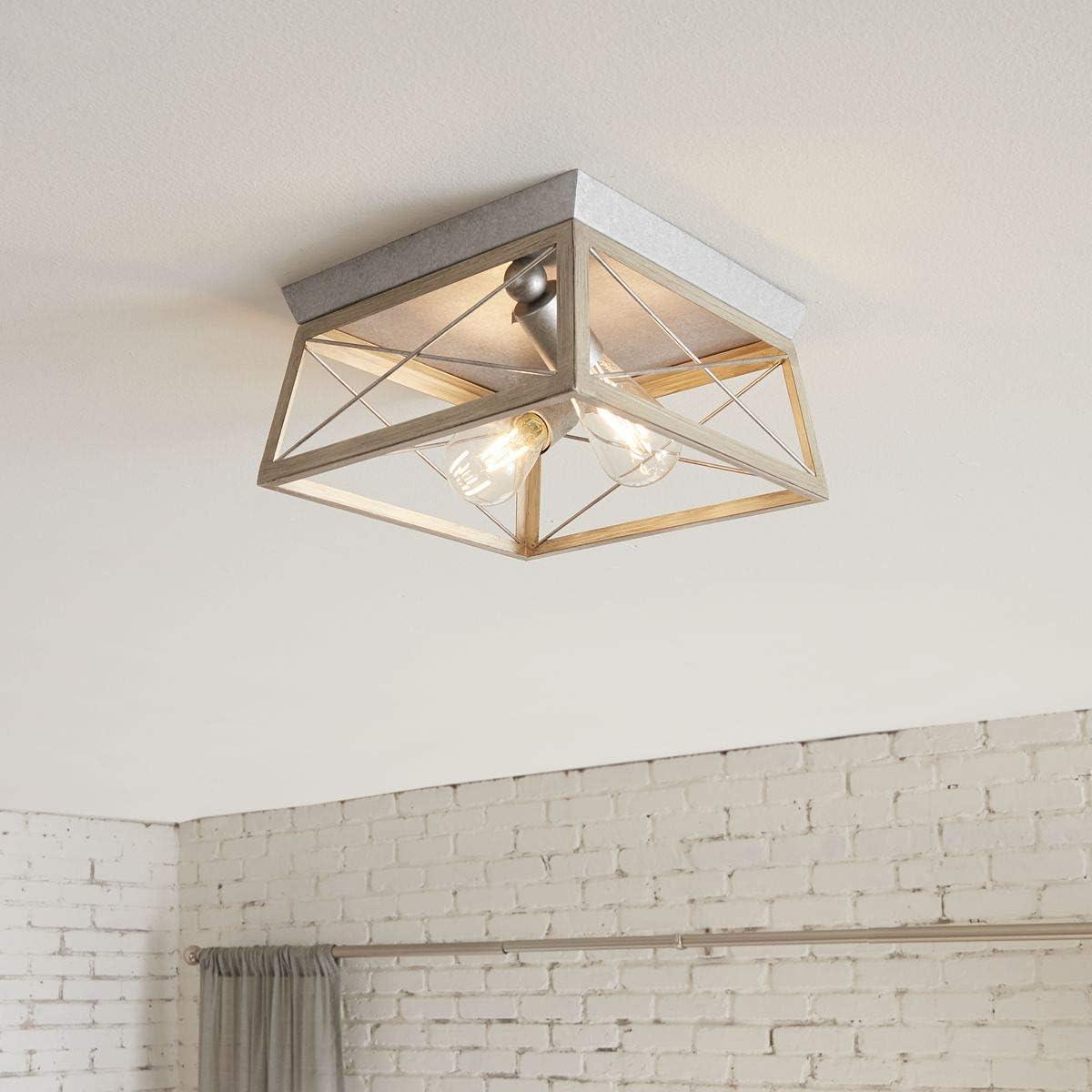 Progress Lighting Briarwood 2-Light Flush Mount, Galvanized Steel, Faux-Painted Wood Enclosure
