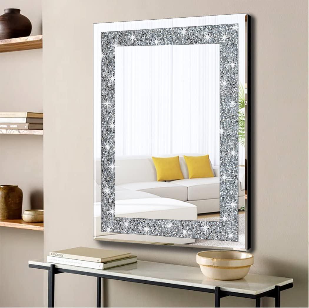 Crystal Crush Diamond Frameless Rectangular Bathroom Mirror 24x32 Inch