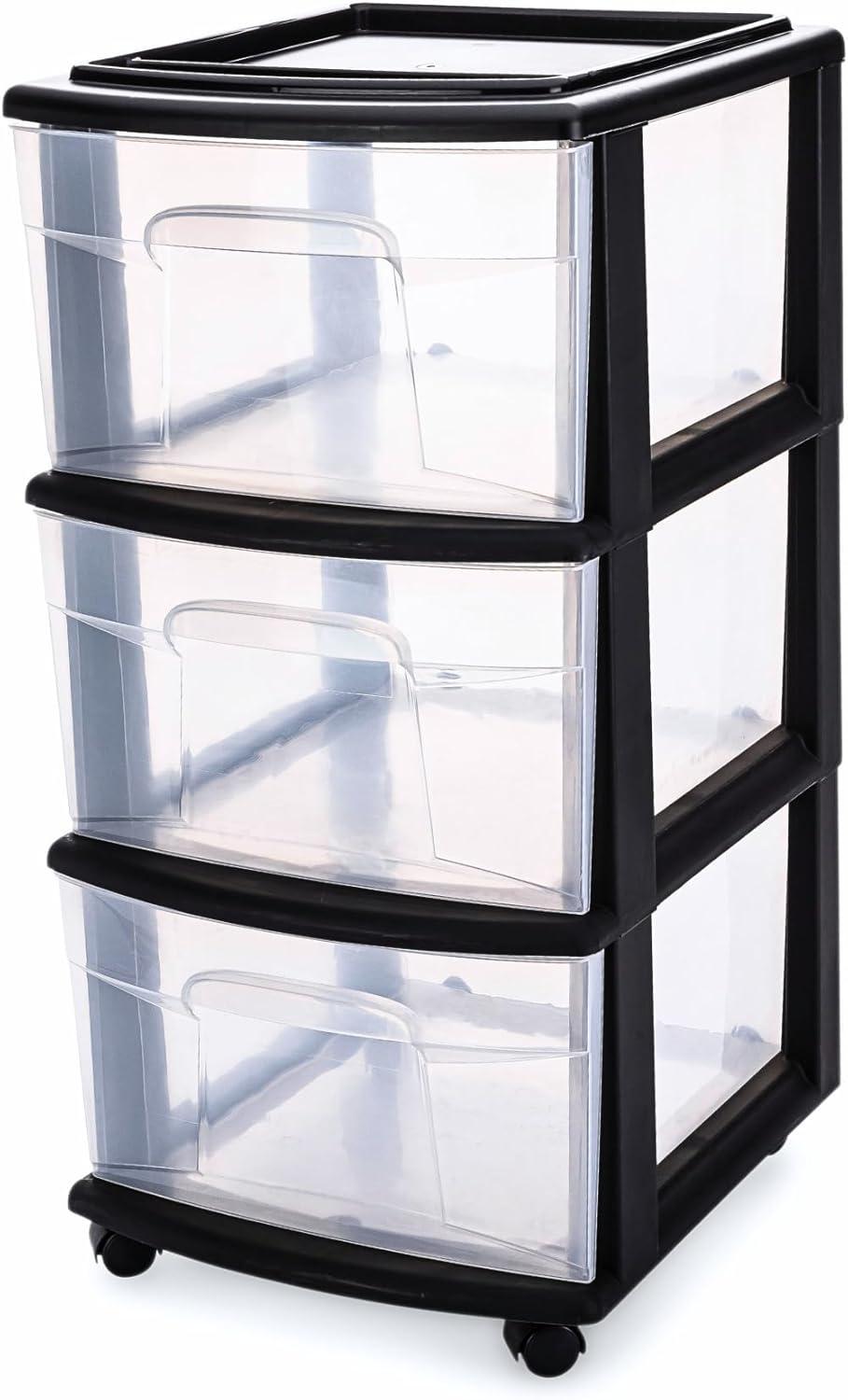 HOMZ 3-Drawer Cart Organizer with Removeable Wheels, Medium, Black & Clear