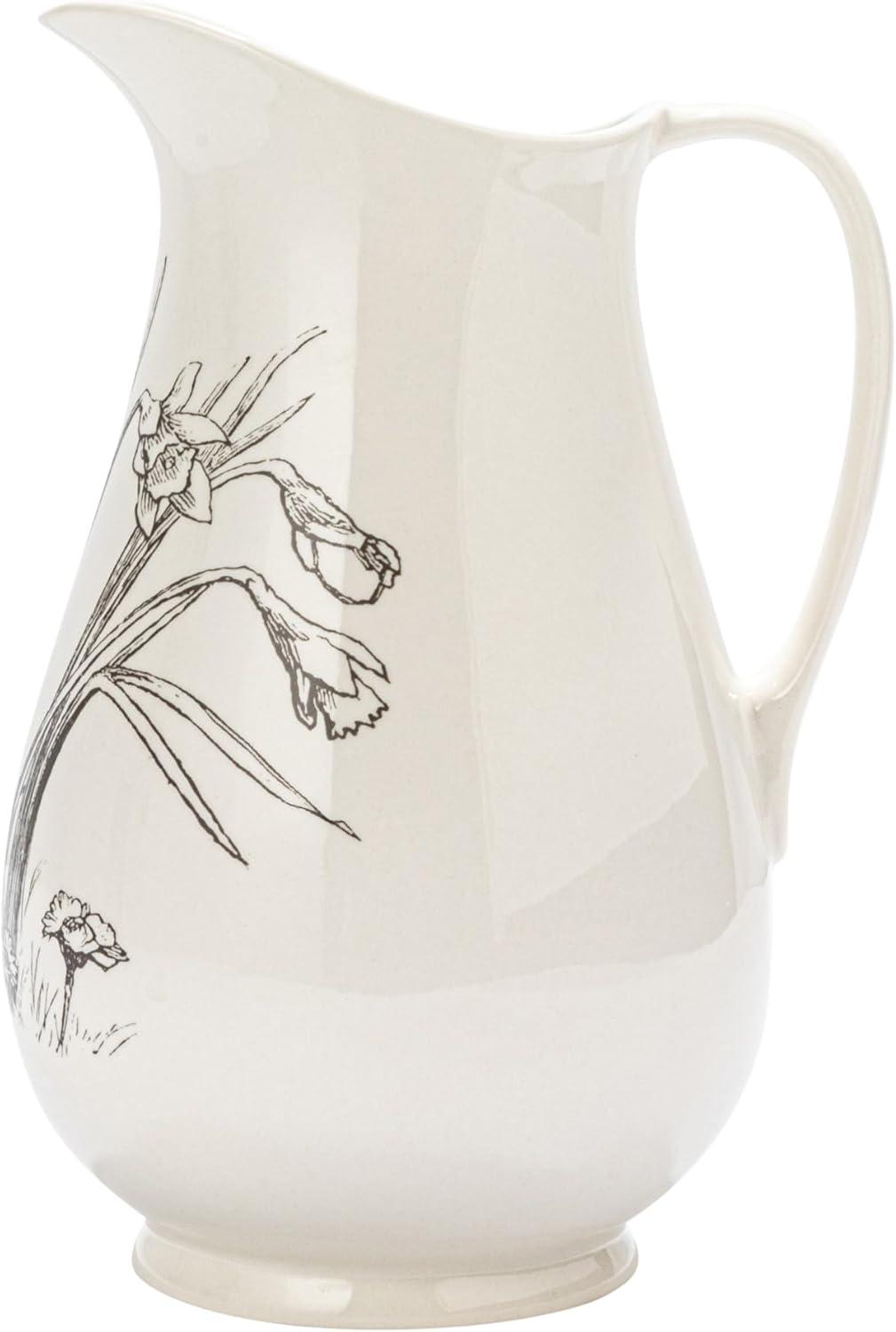 Creative Co-Op 6.5 Inches 2-Quart Stoneware Pitcher with Flower Design, White and Charcoal