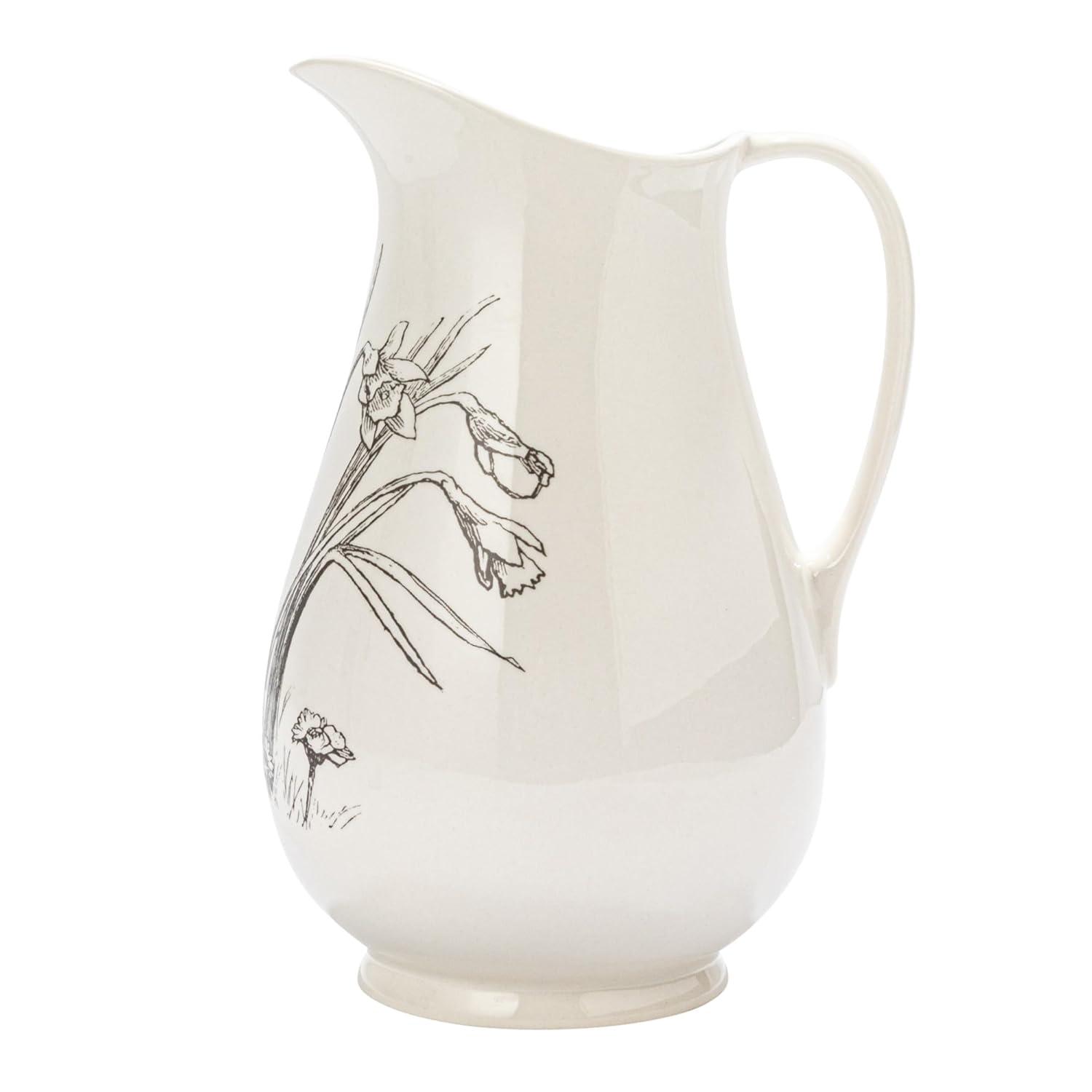 Creative Co-Op 6.5 Inches 2-Quart Stoneware Pitcher with Flower Design, White and Charcoal
