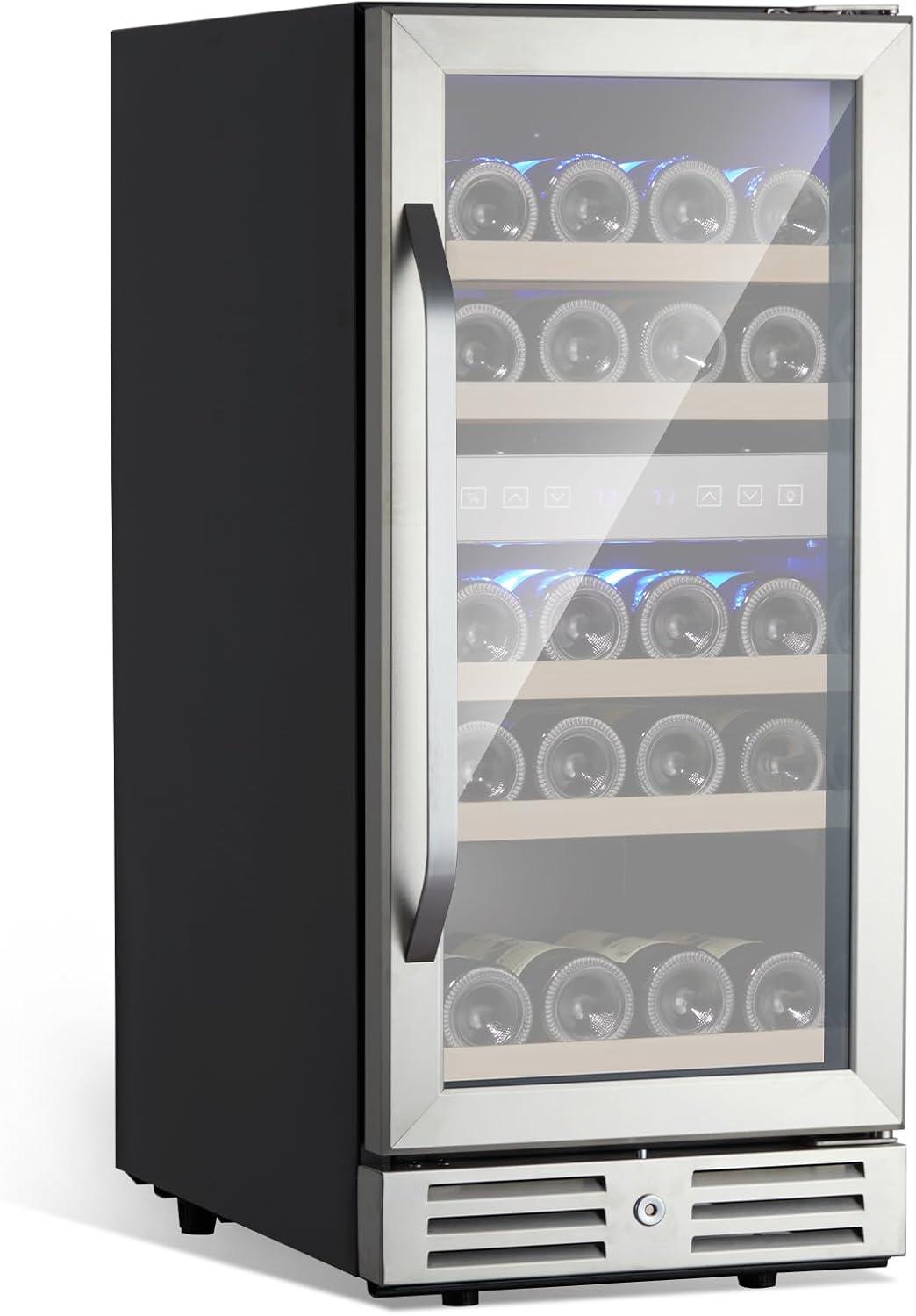 15 Inch Wine Cooler Under Counter, 29 Bottle Dual Zone Wine Fridge Wine Refrigerator with Stainless Steel Digital Temperature Control, Temperature Memory, Built-in or Freestanding Wine Cellar