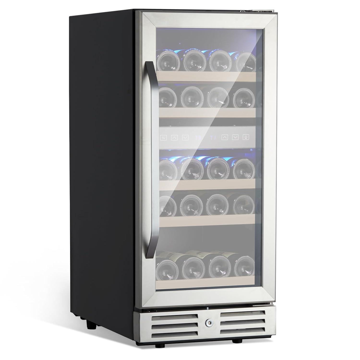 15 Inch Wine Cooler Under Counter, 29 Bottle Dual Zone Wine Fridge Wine Refrigerator with Stainless Steel Digital Temperature Control, Temperature Memory, Built-in or Freestanding Wine Cellar