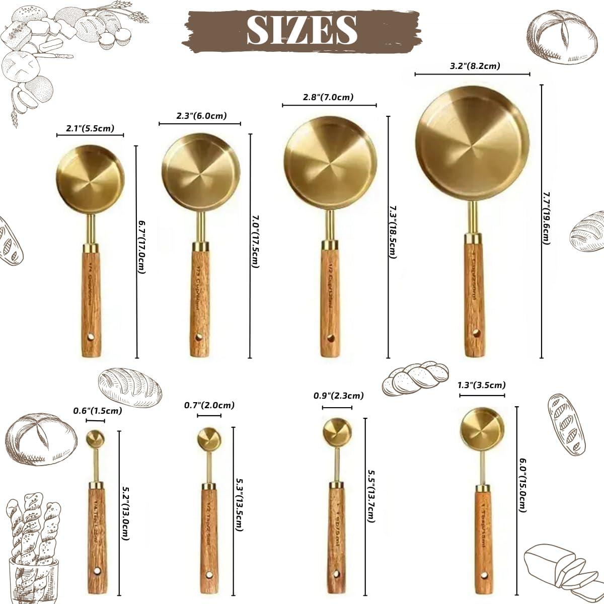 ODOMY 8Pcs Measure Cup and Spoon Set Gold Measuring Cup Spoon Set with Wooden Handle Stainless Steel Stackable Kitchen and Baking Measurement Kitchen Accessories for Home Kitchen Party