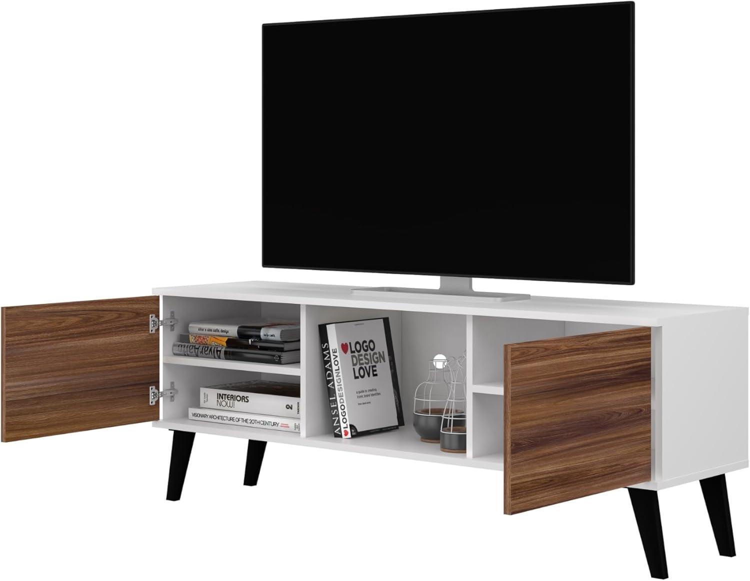 Manhattan Comfort Doyers 53.15" Mid Century TV Stand for Bedroom and Living Room Use, Entertainment Center with Storage, Shelf and Soft Close Doors, Ideal for 50 Inch Screens, White/Nut Brown