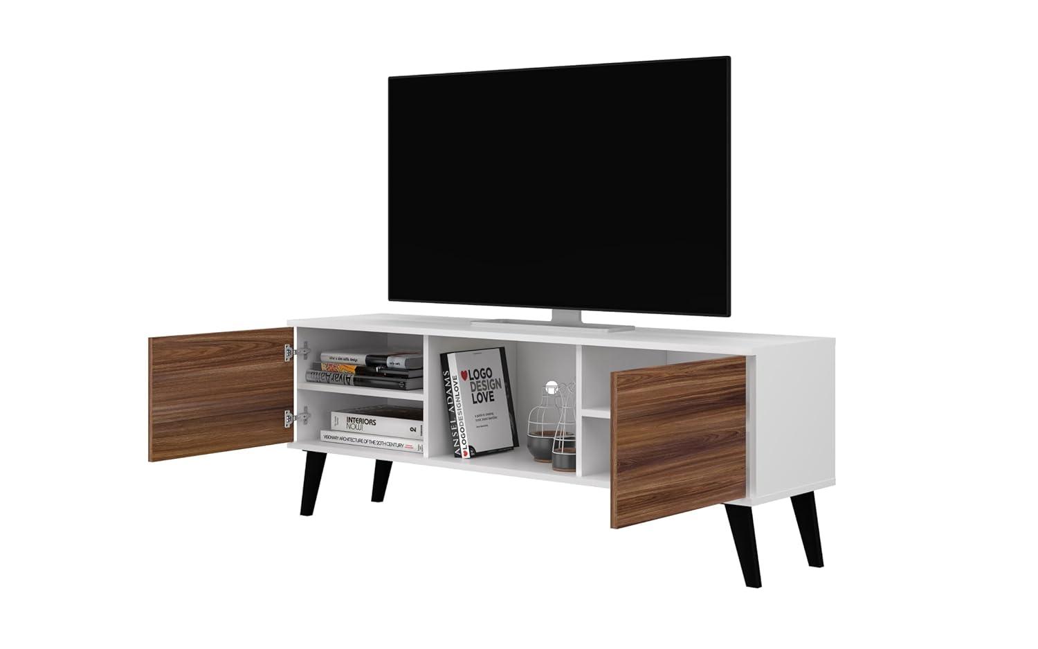 Manhattan Comfort Doyers 53.15" Mid Century TV Stand for Bedroom and Living Room Use, Entertainment Center with Storage, Shelf and Soft Close Doors, Ideal for 50 Inch Screens, White/Nut Brown