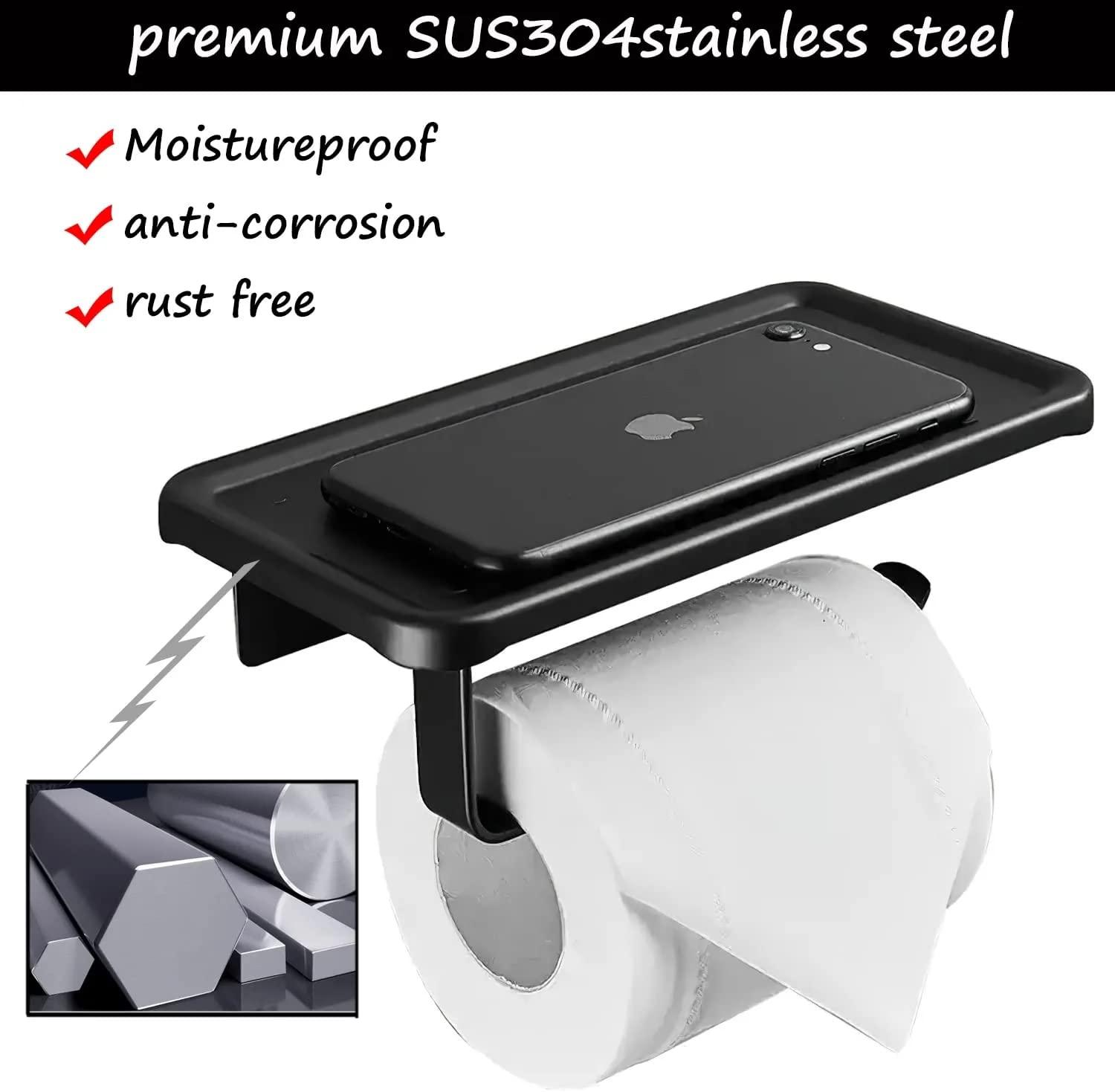 2-Piece Jasni Matte Black Toilet Paper Holder SUS304 Stainless Steel Paper Roll Tissue Holder Toilet Paper Holder with Shelf Self Adhesive Modern Wall Mounted for Bathroom & Kitchen Square Style