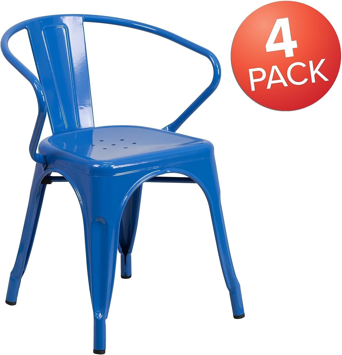 Flash Furniture Commercial Grade 4 Pack Blue Metal Indoor-Outdoor Chair with Arms