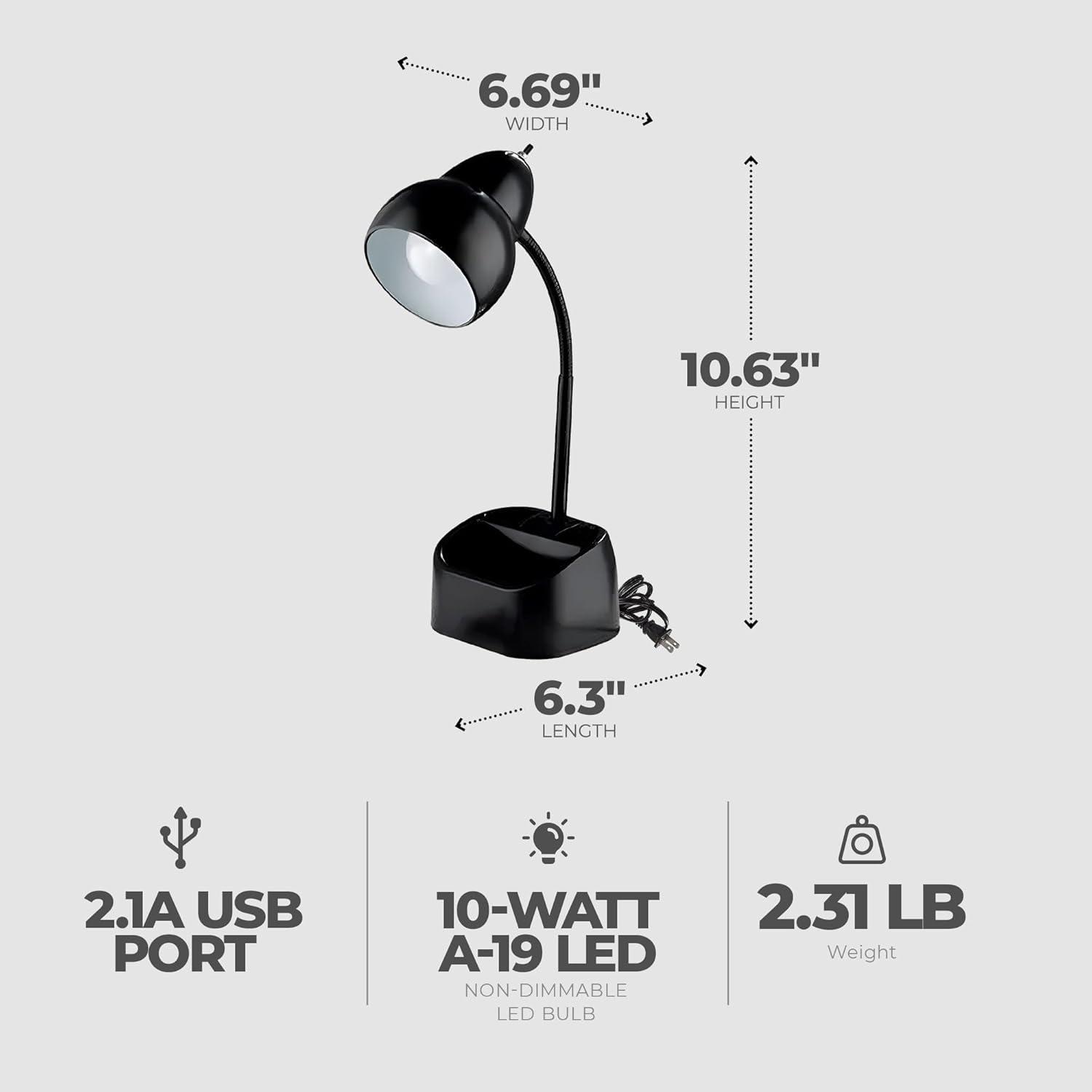 Globe Electric 6.3 x 6.69 x 10.63 Inches Goose Neck Desk Lamp with 10 Watt A-19 Non Dimmable LED Bulb, 2.1a USB Port and Organizer, Black