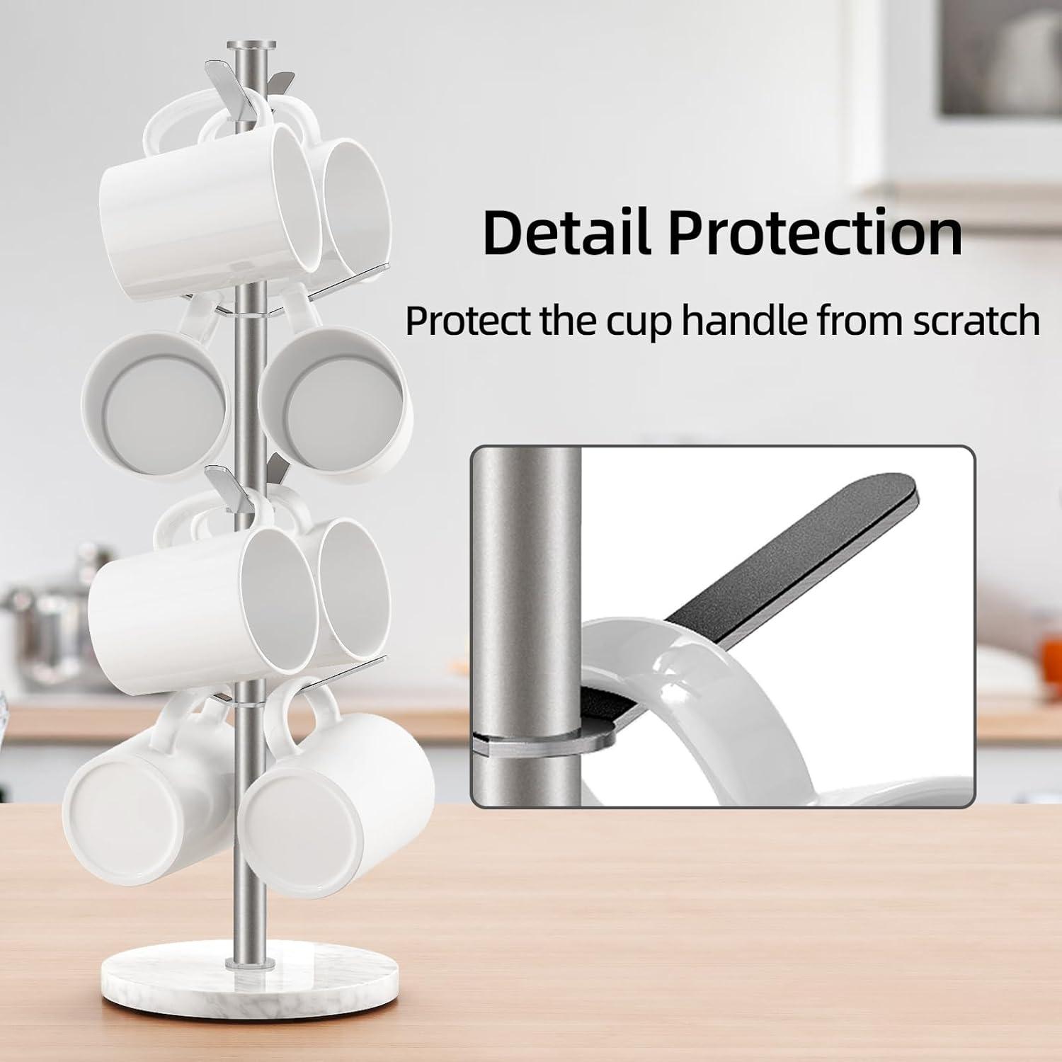 White Marble Base Stainless Steel Mug Holder Tree with 8 Hooks