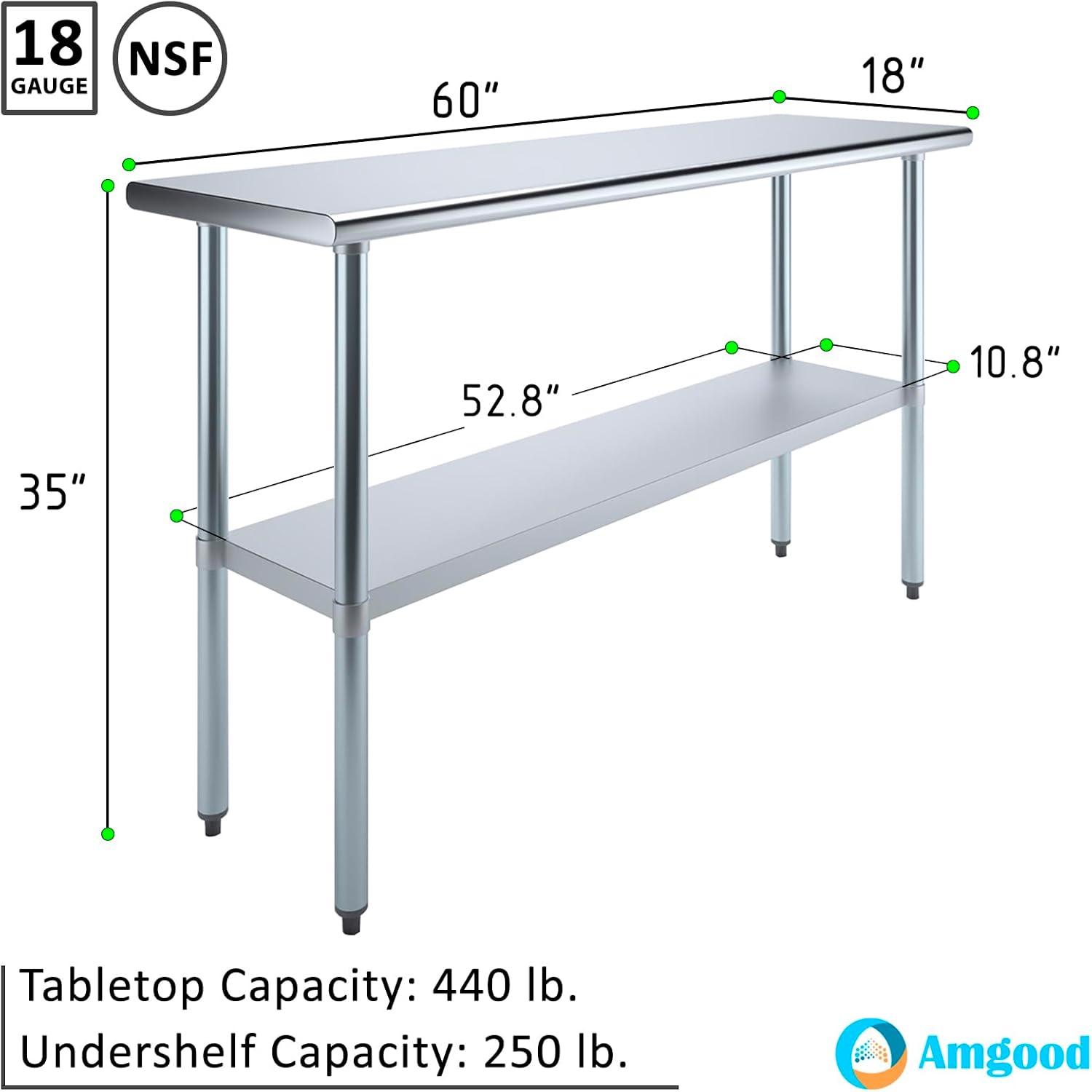 Amgood Stainless Steel Work Table with Undershelf. Metal Prep Table. NSF - Certified
