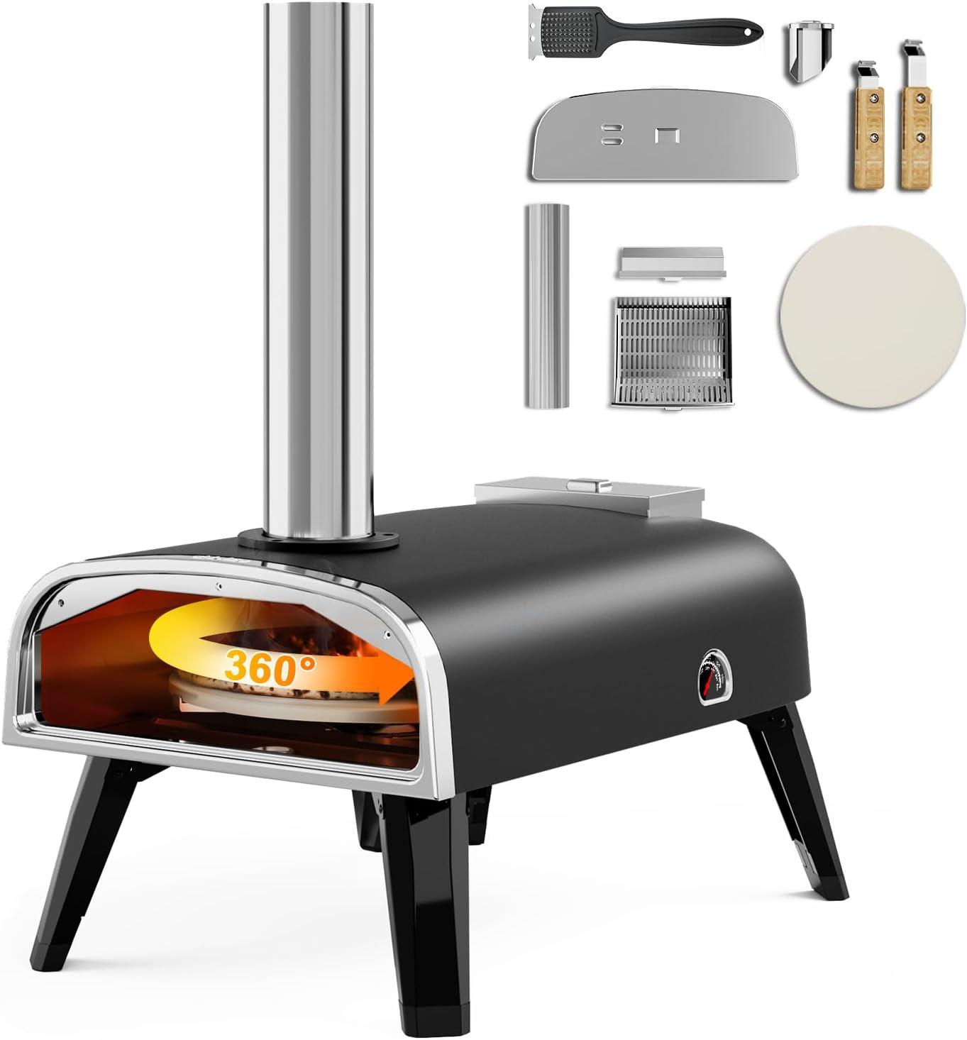 Pizza Oven Outdoor 12" Wood Fired Pizza Ovens Pellet Pizza Stove for Outside, Portable Stainless Steel Pizza Oven for Backyard Pizza Maker Portable Mobile Outdoor Kitchen (Swivel Grey)