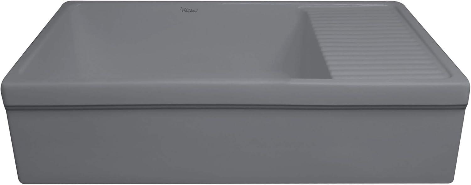 Whitehaus Collection WHQD540-M-CEMENT Whitehaus Collection 36” Single Bowl Fireclay Kitchen Sink: Integral Drainboard, Lip Front Apron