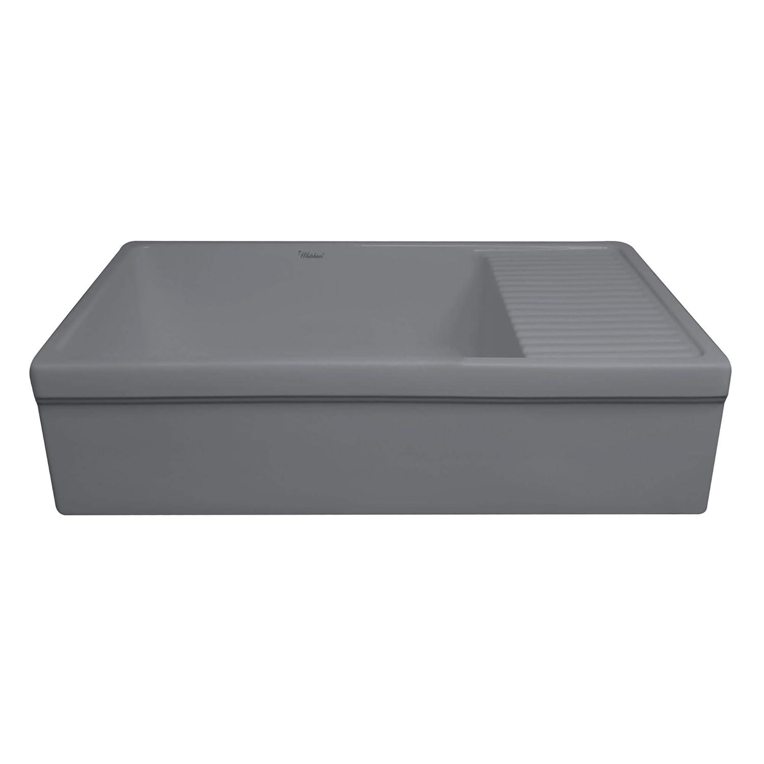 Whitehaus Collection WHQD540-M-CEMENT Whitehaus Collection 36” Single Bowl Fireclay Kitchen Sink: Integral Drainboard, Lip Front Apron