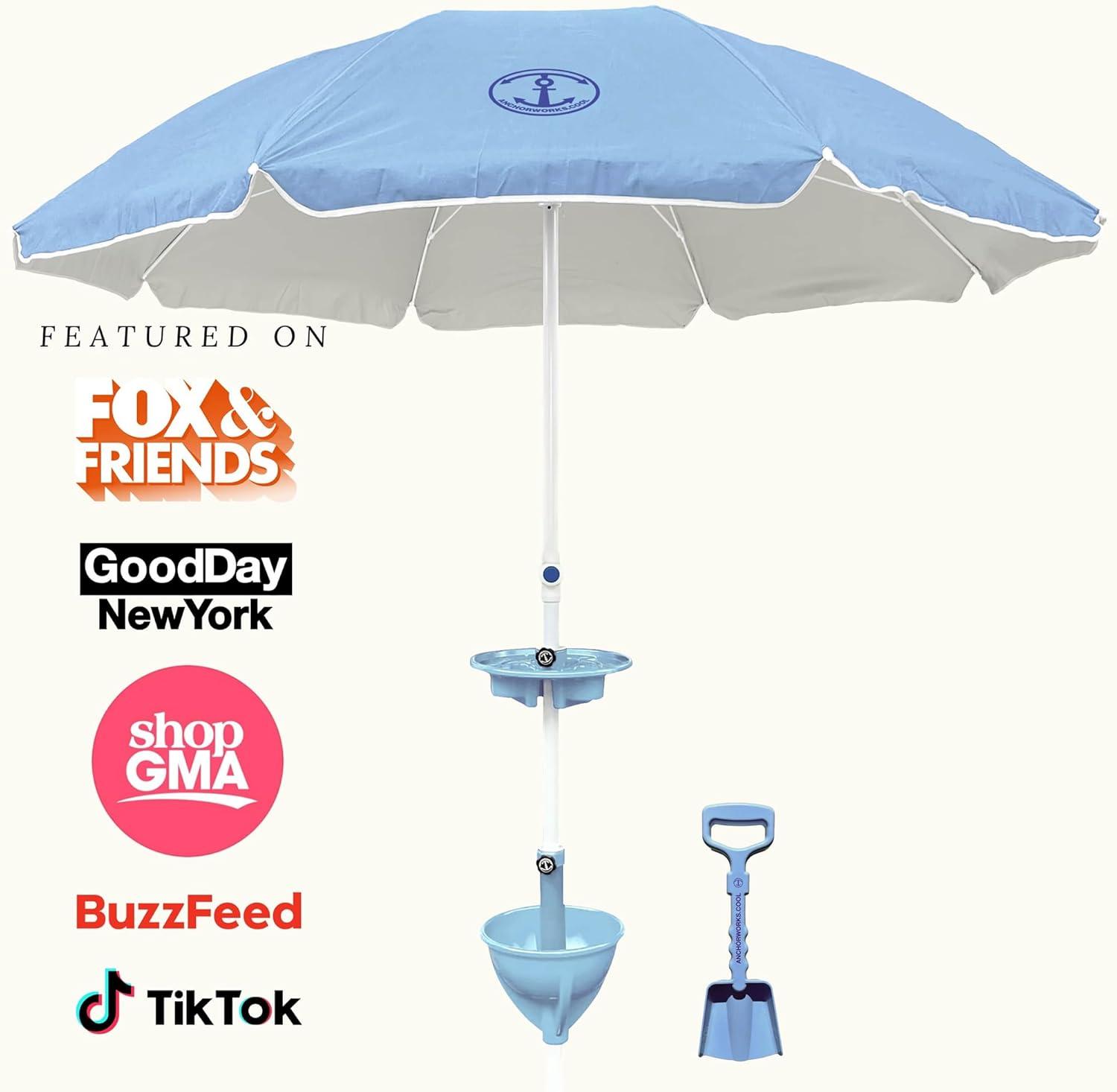 Anchor Works: Classic Beach Umbrella & AnchorONE Kit – Sky Blue - 7.5ft, Carry Bag, Sand Shovel & Drink Tray, UV-Protected, Outdoor Sun Canopy