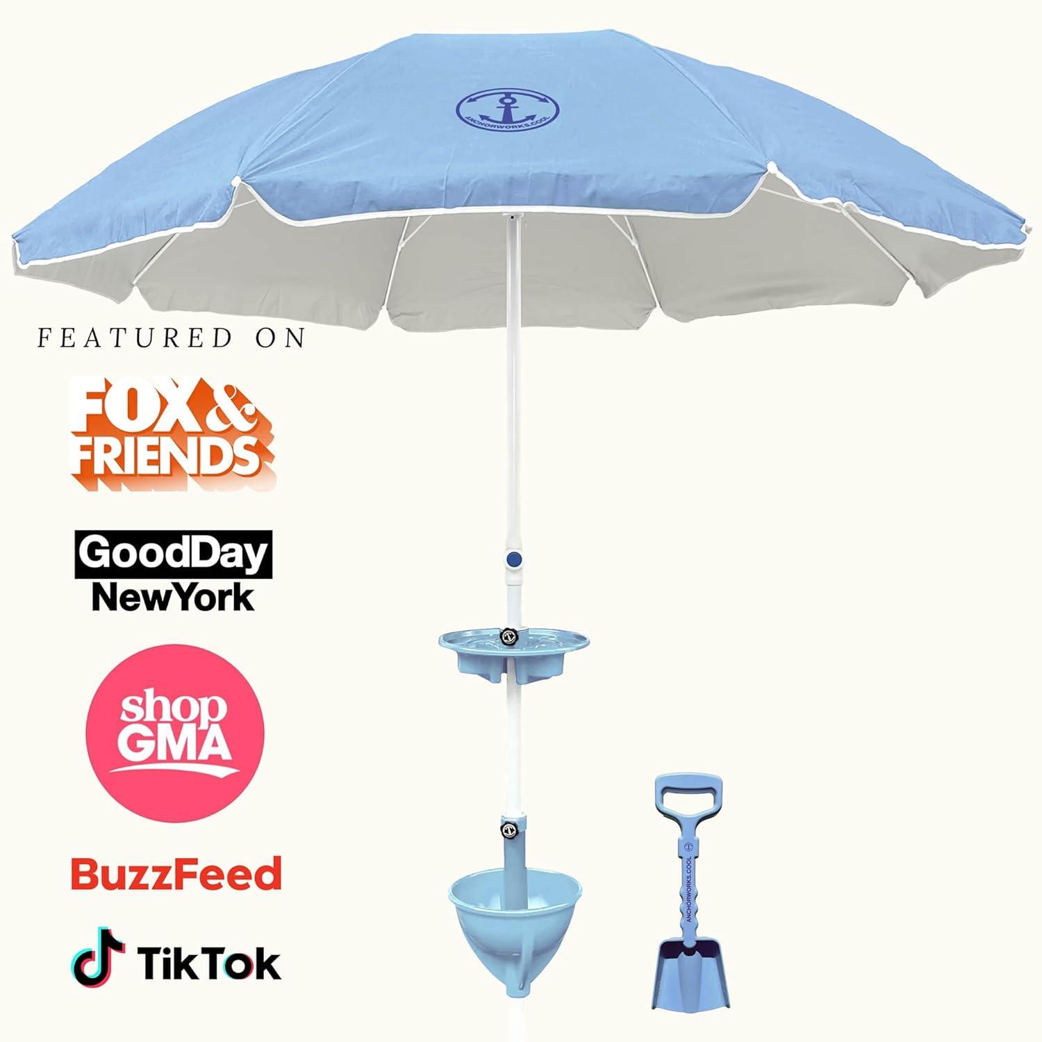 Anchor Works: Classic Beach Umbrella & AnchorONE Kit – Sky Blue - 7.5ft, Carry Bag, Sand Shovel & Drink Tray, UV-Protected, Outdoor Sun Canopy