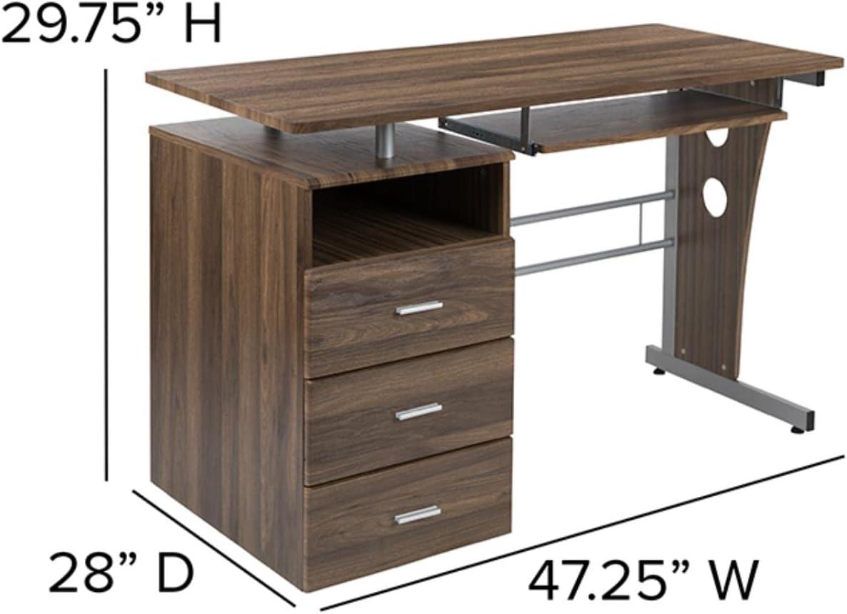 Flash Furniture Rustic Walnut Desk with Three Drawer Pedestal and Pull-Out Keyboard Tray