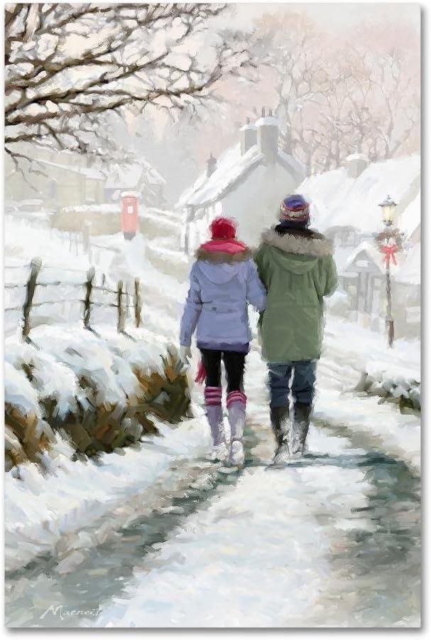 Couple in Snow Scenic Modern Gallery-Wrapped Canvas Art