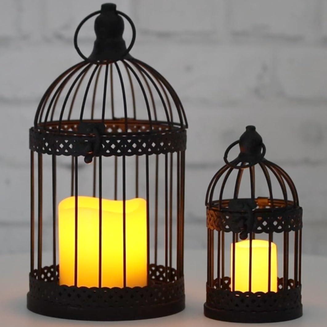 VELA LANTERNS Bird Cage Decor Candle Holder Lantern Decorative Table Centerpiece Halloween Decorations, 10" and 6" Tall, Black, Set of 2