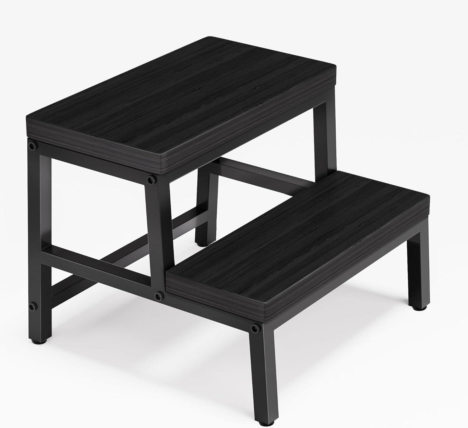 Black and Brown 2-Step Wooden Bedside Stool with Iron Frame