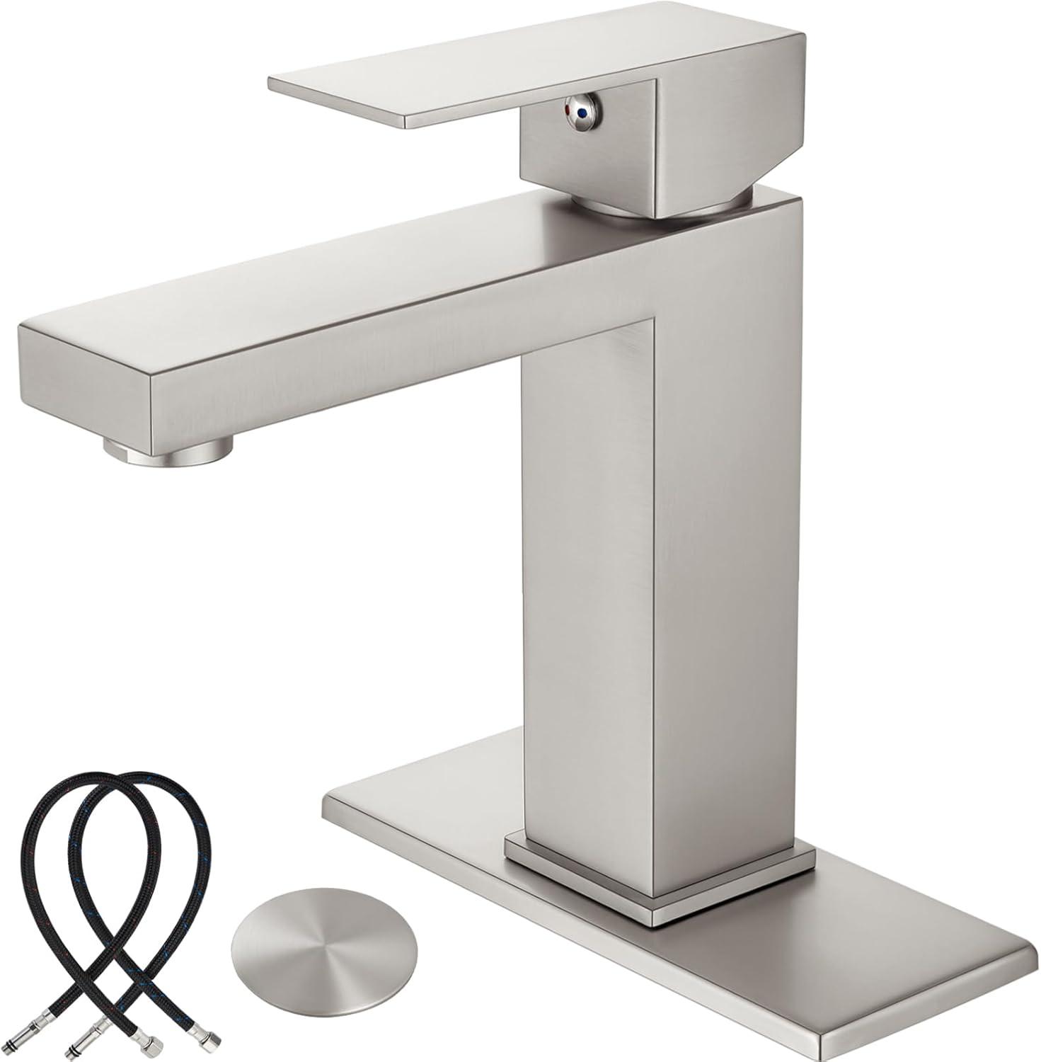 Midanya Bathroom Sink Faucet 1 Hole Single Handle Deck Mount Lavatory Bathroom Faucet Include Cover Plate Stainless Steel Commercial,with Pop Up Drain,Brushed Nickel