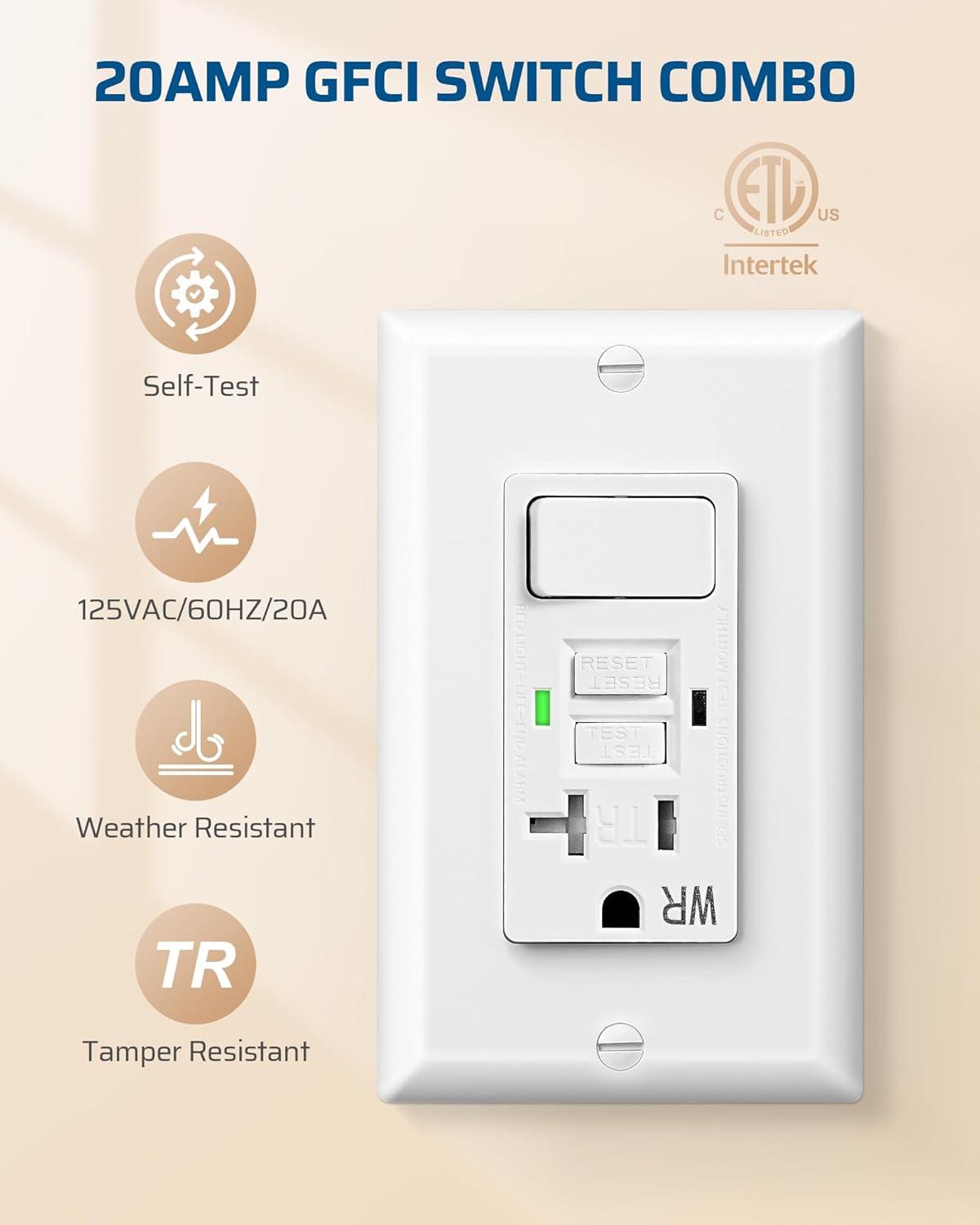 DEWENWILS 20A GFCI Switch Outlet Combo, Tamper-Resistant GFCI Electrical Outlet, 20 Amp GFCI Outlet, Weather Resistant Ground Fault Circuit Interrupter, Self-Test with LED Indicator, ETL Listed, White