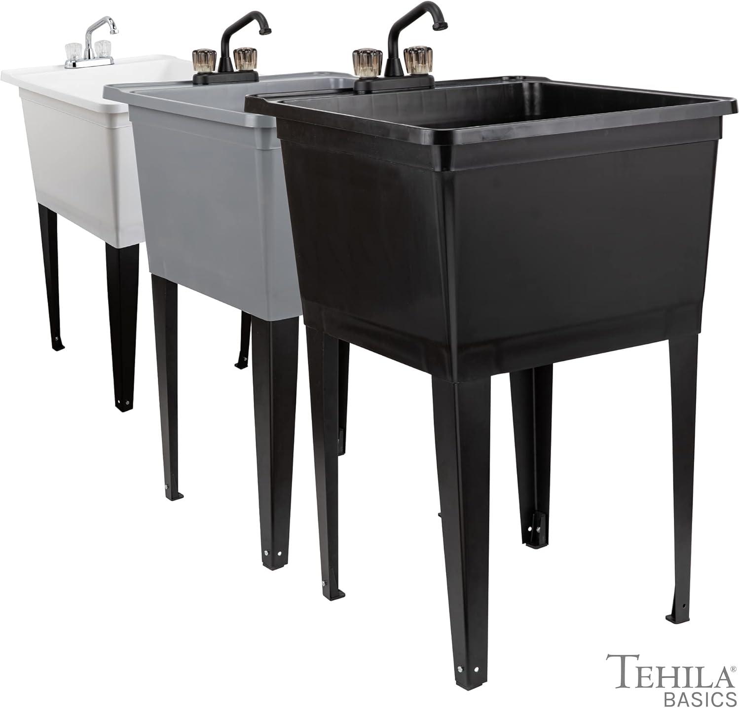 Black Thermoplastic Freestanding Utility Sink with Knob Faucet