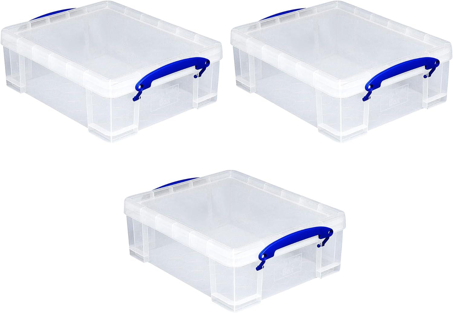 Really Useful Box Stackable 8.1 Liter Plastic Storage Container Bin with Snap Lid & Built-In Clip Lock Handles for Home & Office Organization (3 Pack)