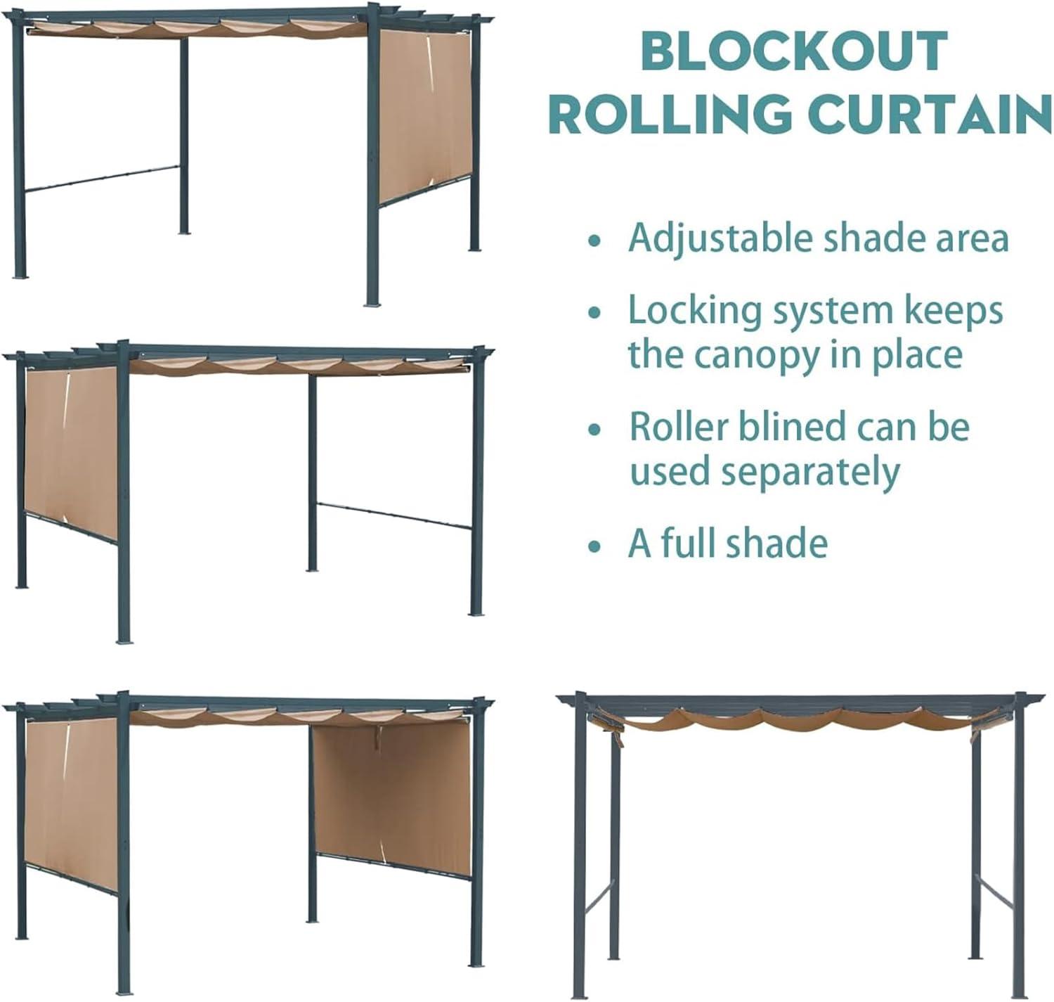 Aoodor 13 x 10 ft Outdoor Pergola with Retractable Shade Canopy, Dark Gray Matte Aluminum Frame, 4 Pieces Roller Shade Curtain, Grape Trellis Pergola for Patio Backyard and Deck - Brown