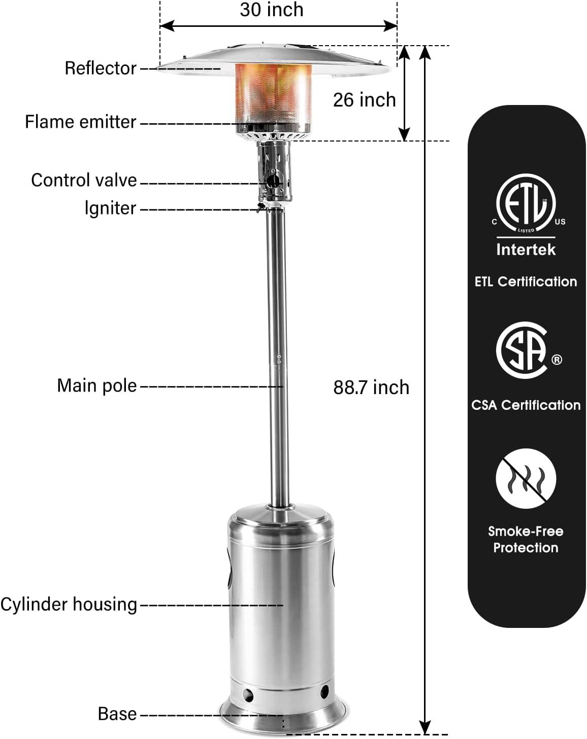 Stainless Steel 88-Inch Propane Patio Heater with Wheels