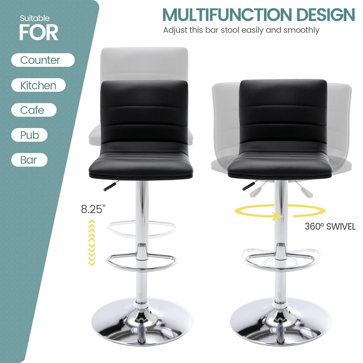 Flash Furniture Modern Black Vinyl Adjustable Bar Stool with Back, Counter Height Swivel Stool with Gold Pedestal Base, Set of 2