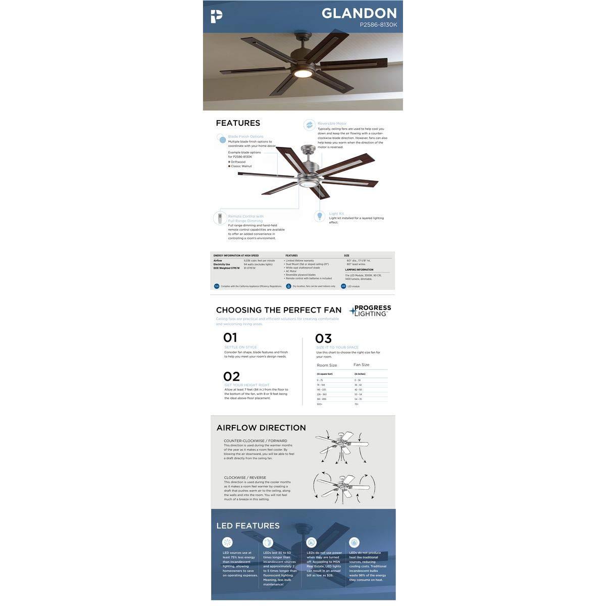 P2586-8130K-Progress Lighting-Glandon - Wide - Ceiling Fan - 1 Light - Handheld Remote in Transitional style - 60 Inches wide by 17.13 Inches