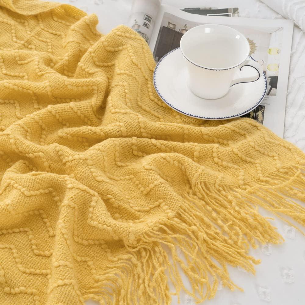 Battilo Yellow Throw Blanket Acrylic Decor Throws,Spring Decorative Knitted Blanket, Housewarming Gifts,50"x60", Mustard