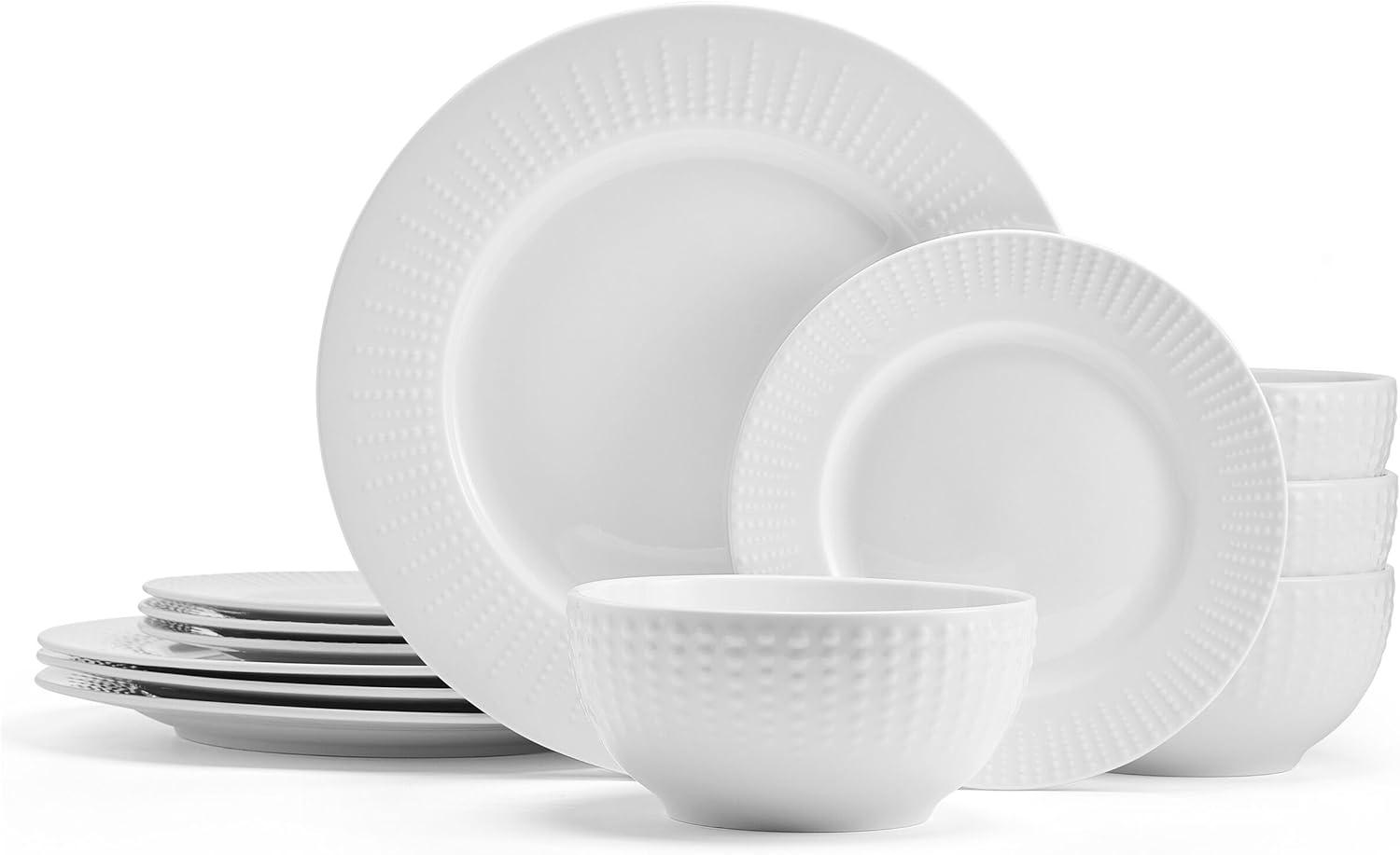 White Embossed Porcelain 12-Piece Dinnerware Set, Service for 4