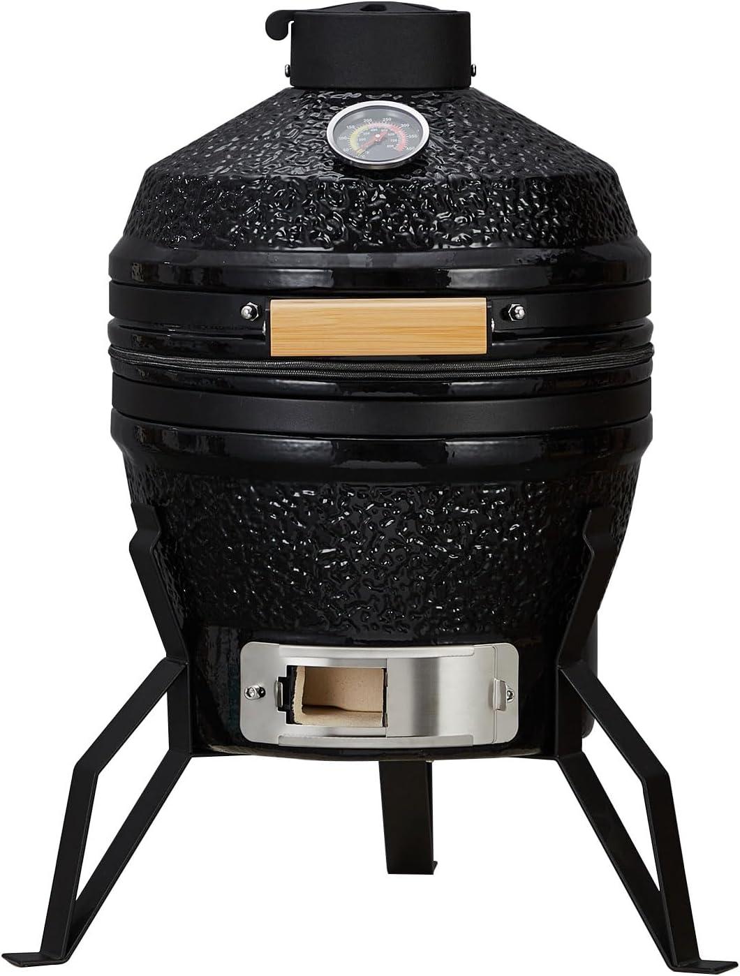 13-Inch Portable Ceramic Charcoal Grill with Grill Stand, Egg Shaped Ceramic Charcoal Grill w 10.6" Stainless Steel Cooking Grate, Heat Deflectors and Ash Tool for Outdoor Barbecue, Baking
