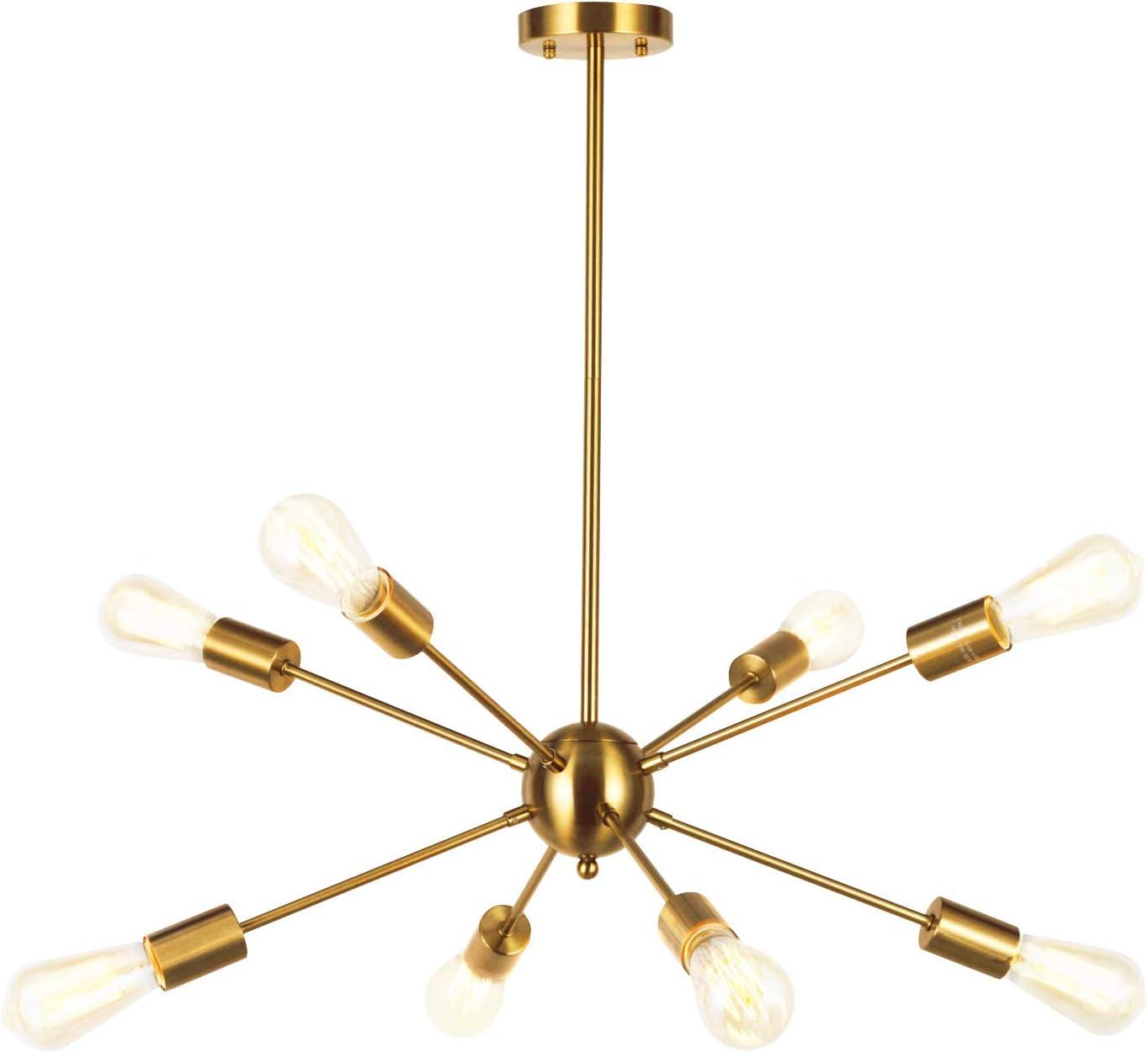 Sputnik Chandelier 8 Lights Brushed Nickel Modern Pendant Lighting Mid Century Flush Mount Ceiling Light Fixture Adjustable Height for Kitchen Dining Room Living Room Bedroom Foyer