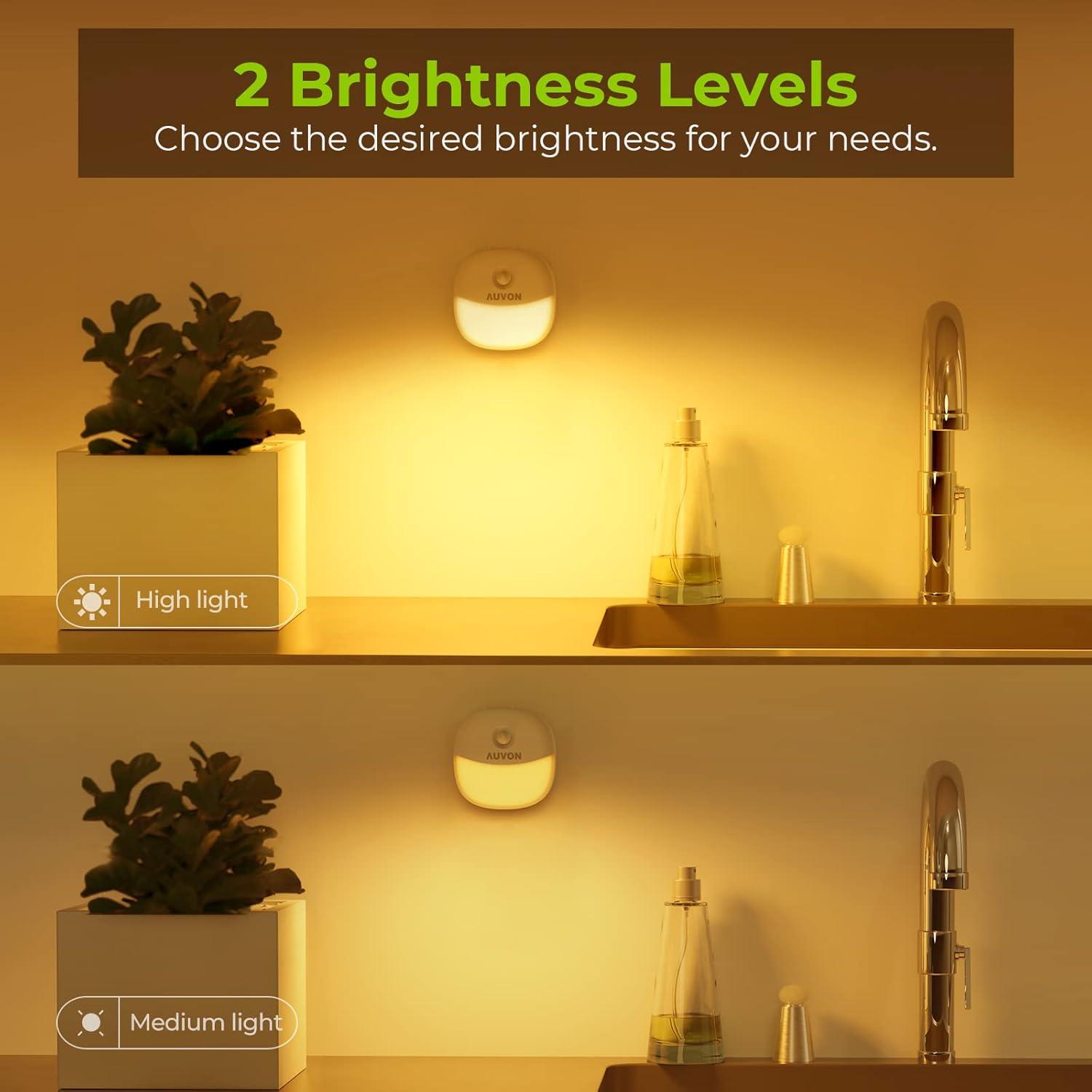 AUVON Plug in Night Light with Motion Sensor and Dusk to Dawn Sensor, Mini Warm White LED Nightlight with 1-50 lm Adjustable Brightness for Bathroom, Hallway, Stairs, Bedroom, Kitchen (4 Pack)