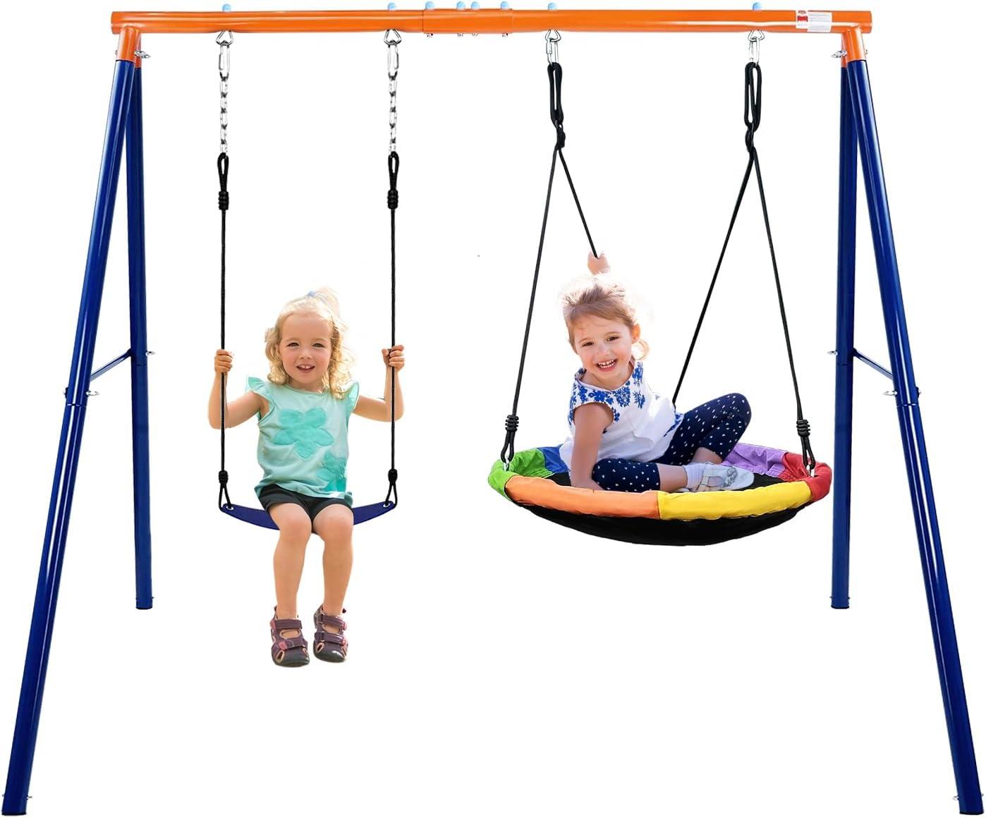 Blue Metal 2-in-1 Outdoor Swing Set with Saucer and Belt Swings