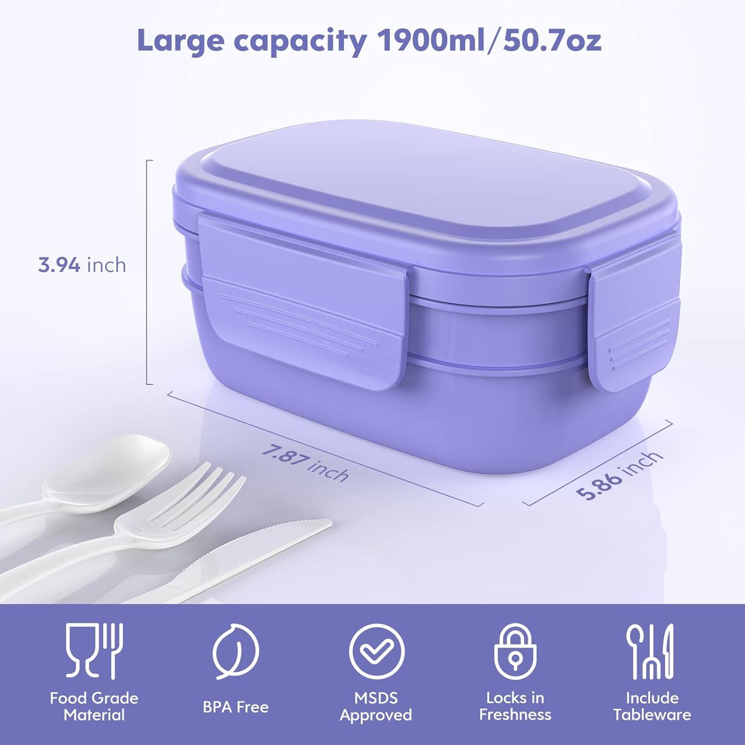 Lunch Box Containers, Stackable Bento Box Adult Lunch Box for Kids, Large Capacity 1900ml Lunchbox with Utensil Set, Leak-Proof Bento Lunch Box for Dining Out, Work, Picnic, School