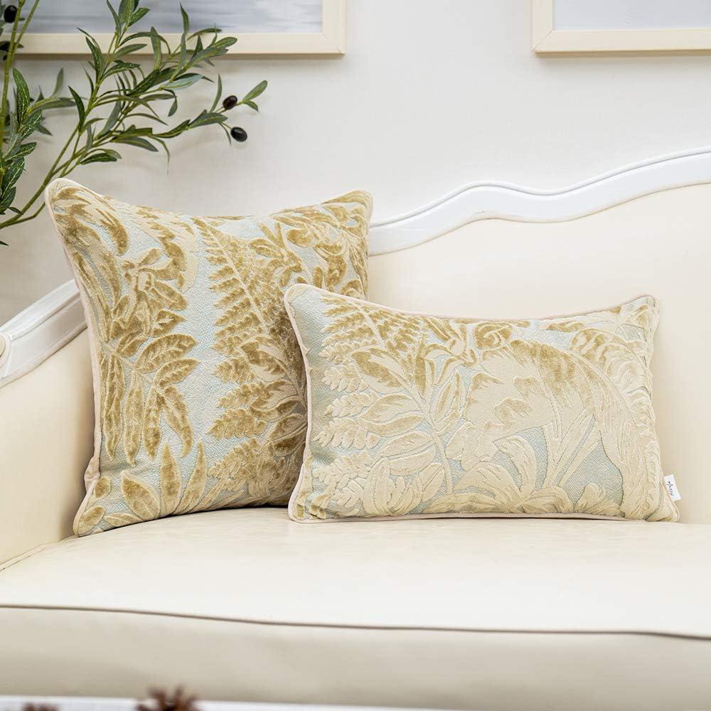 Beige and Gold Embroidered Velvet Leaf Throw Pillow