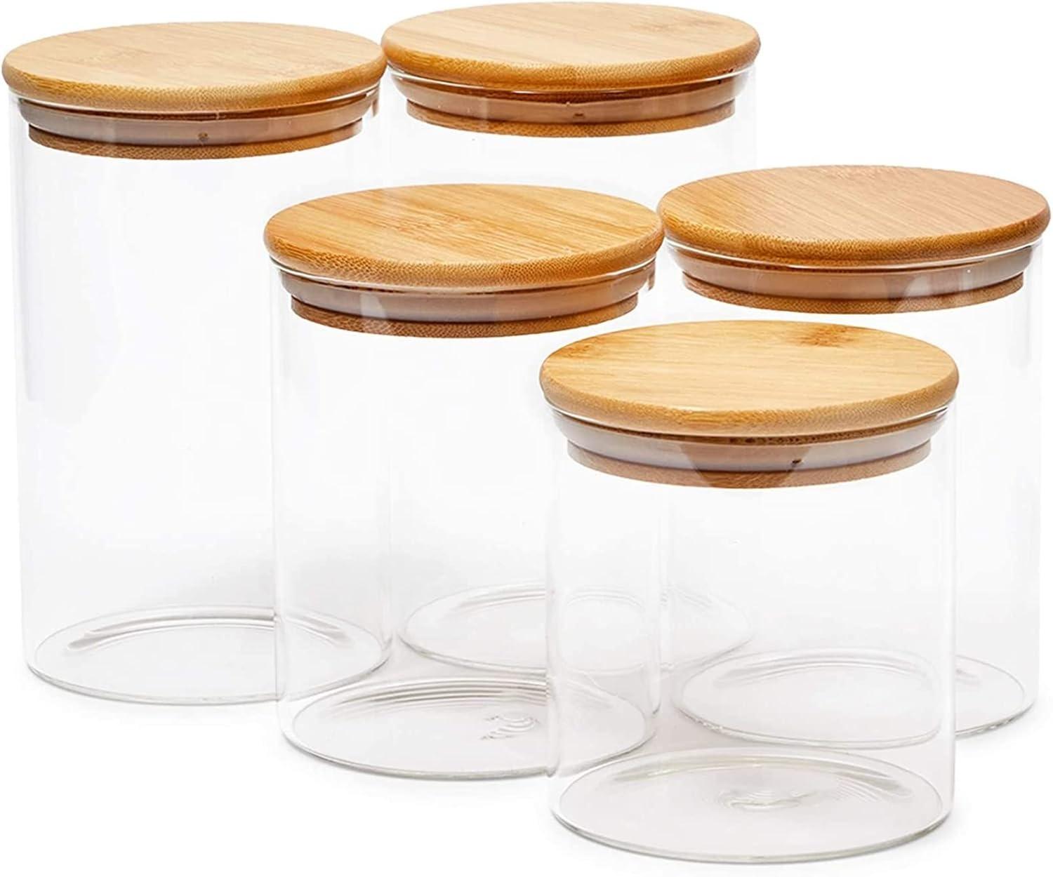 Paquete de 5 Botes de Vidrio con Tapas de Bambú, 3 Tamaños para Almacenamiento en Despensa