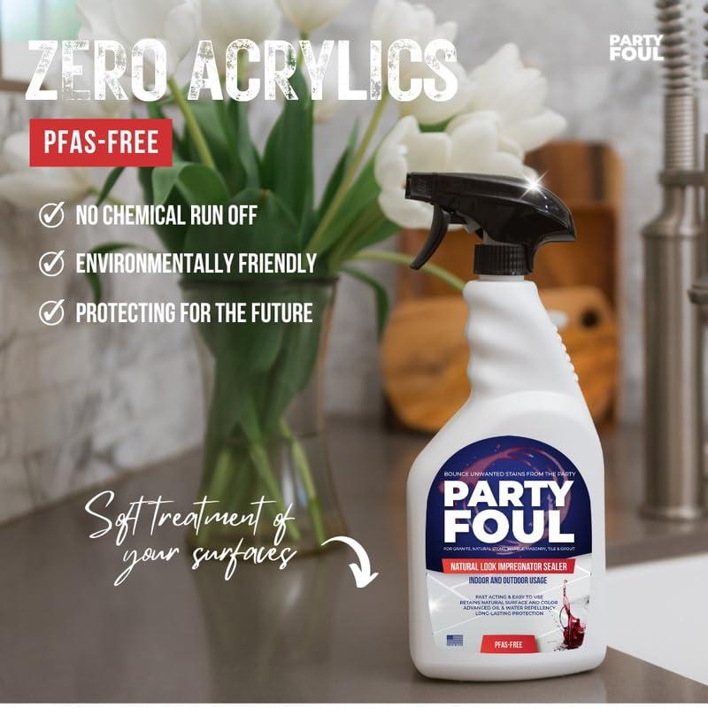 Party Foul Impregnator Deep Penetrating Indoor & Outdoor Sealer - PFAS-Free, Eco-Friendly Protection Floors, Counters, Showers, - Long-Lasting Durability, Crystal Clear Finish - 16 oz