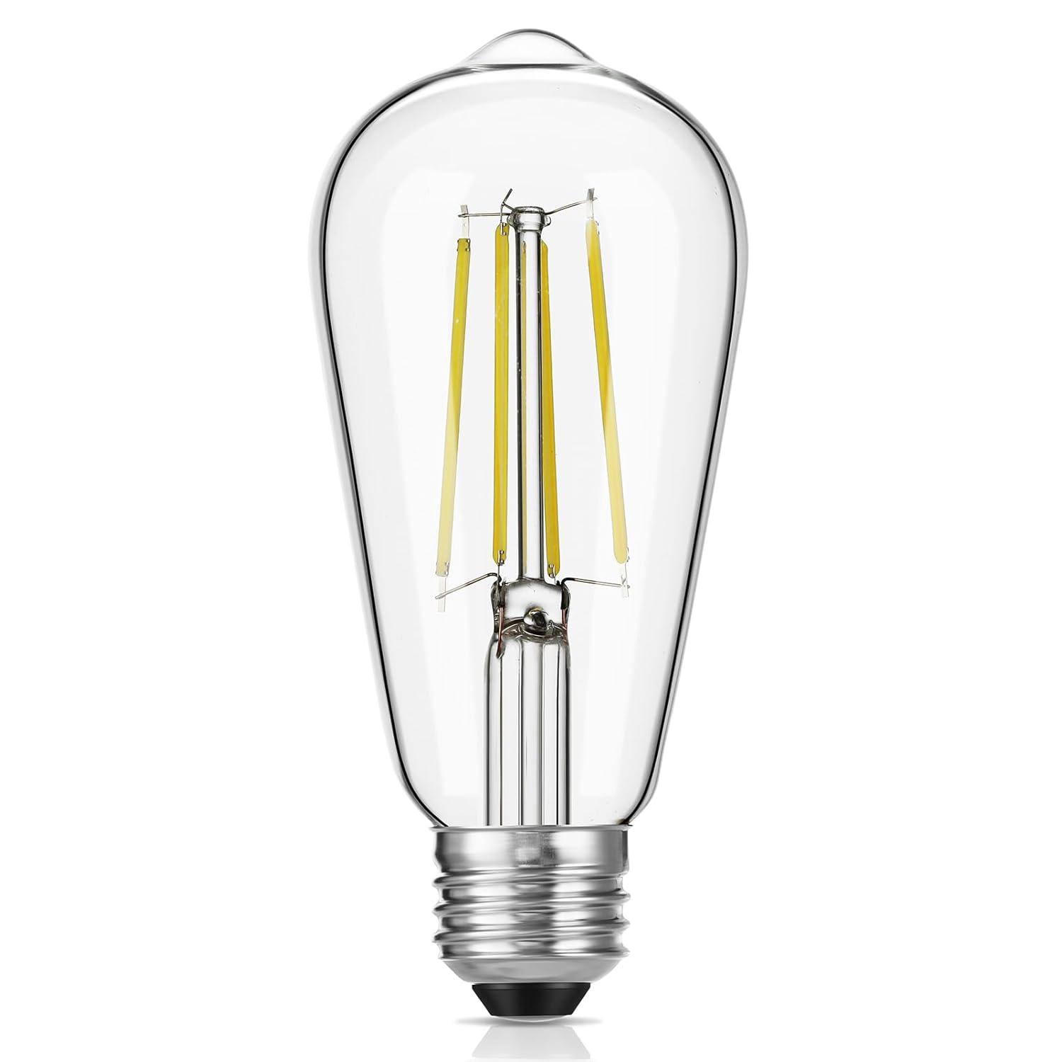 ENERGETIC Vintage LED Edison Light Bulbs, 5000K, 60 Watt Equivalent, ST64 Filament, Tear Drop Antique Decorative Bulbs, E26 Base, UL Listed, 6 Pack